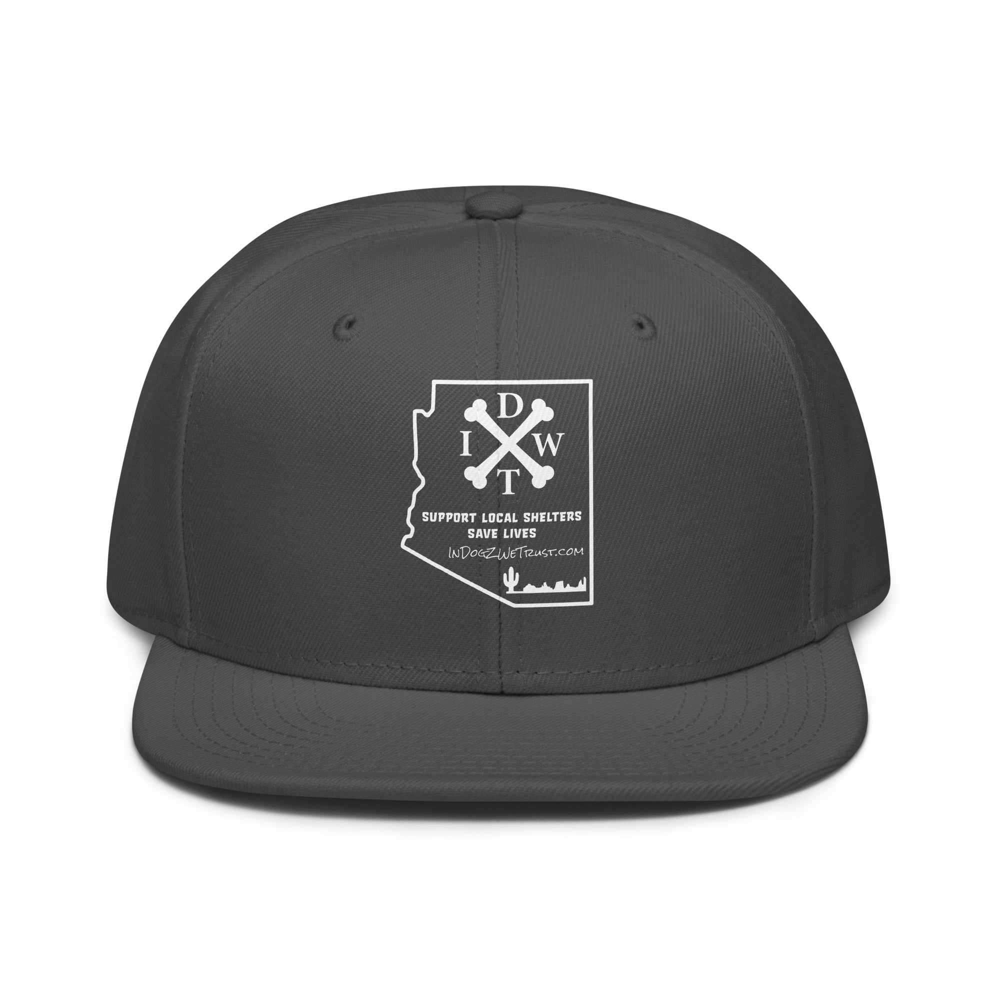 AZ Support Local Shelters Snapback Hat - Grey with White Design - In Dogz We Trust - Front View