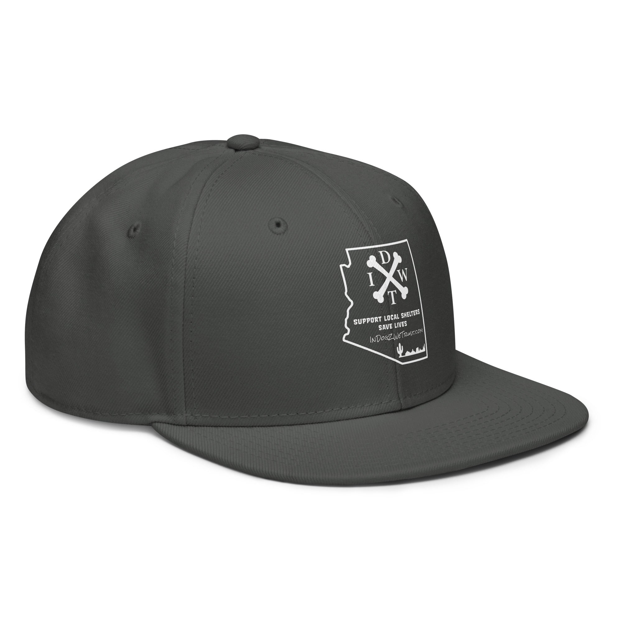 AZ Support Local Shelters Snapback Hat - Grey with White Design - In Dogz We Trust - Side View