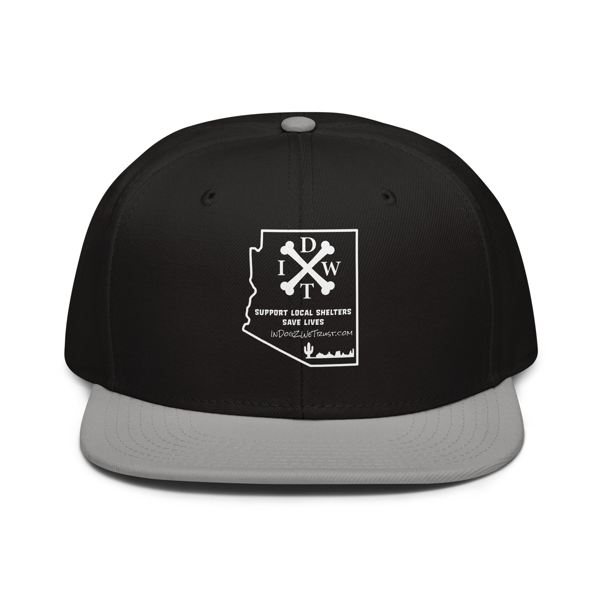 AZ Support Local Shelters Snapback Hat - Black/Grey with White Design - In Dogz We Trust - Front View