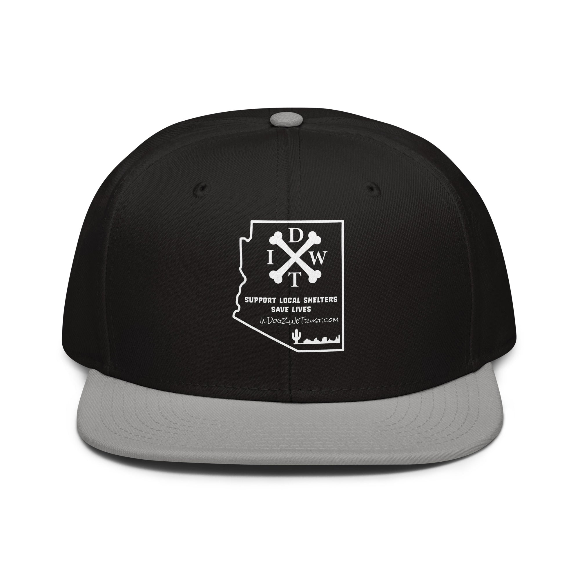 AZ Support Local Shelters Snapback Hat - Black/Grey with White Design - In Dogz We Trust - Front View