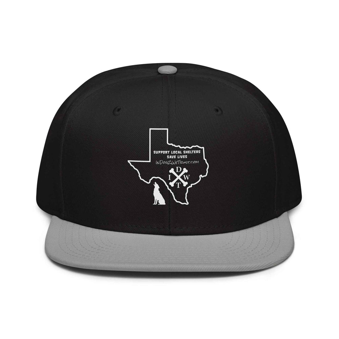 TX Support Local Shelters Snapback Hat: Texas Dog Shelter Cap - In Dogz We Trust - Black / Gray - Front View