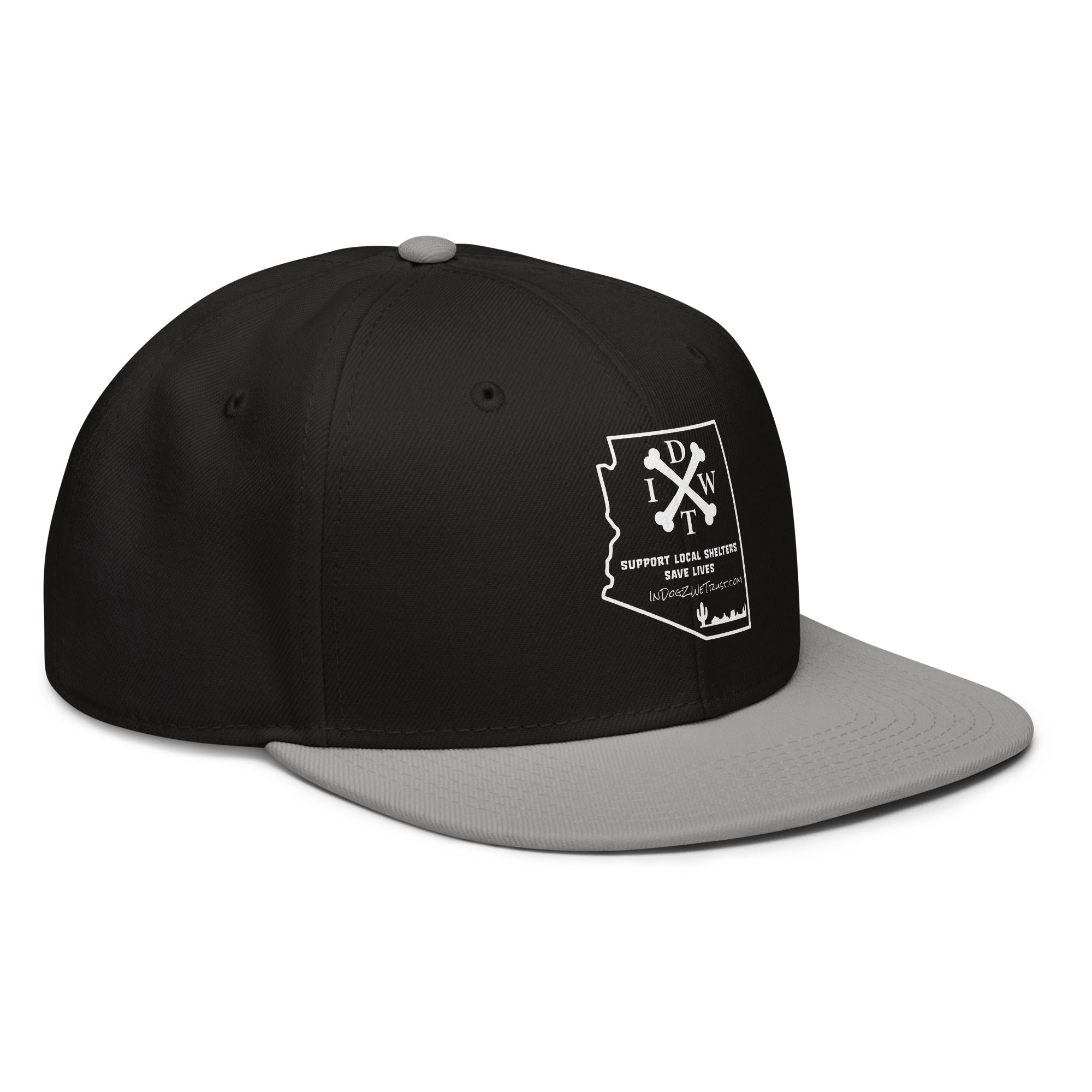 AZ Support Local Shelters Snapback Hat - Black/Grey with White Design - In Dogz We Trust - Side View