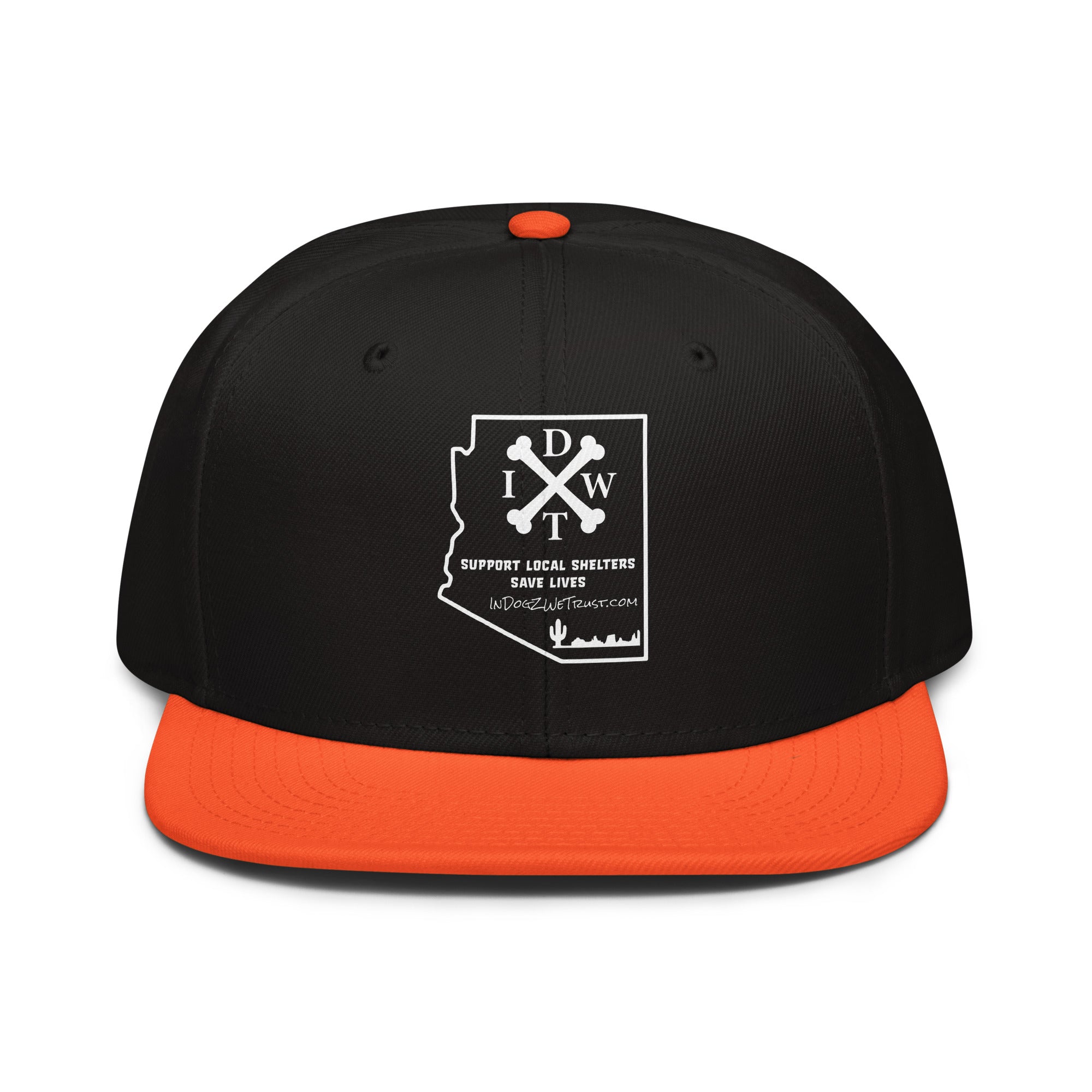 AZ Support Local Shelters Snapback Hat - Black/Orange with White Design - In Dogz We Trust - Front View