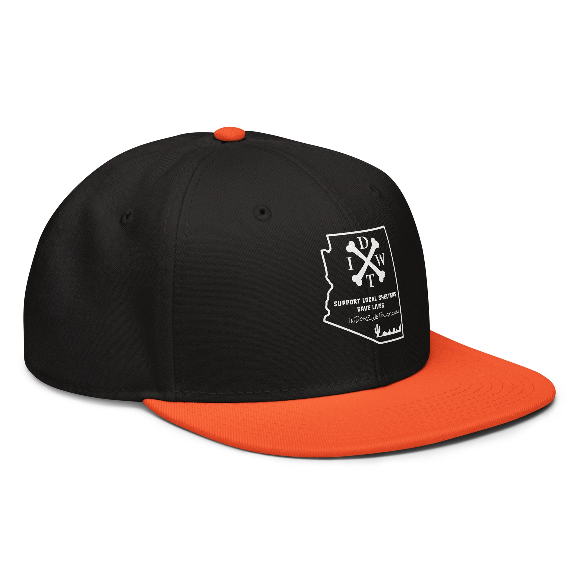 AZ Support Local Shelters Snapback Hat - Black/Orange with White Design - In Dogz We Trust - Side View