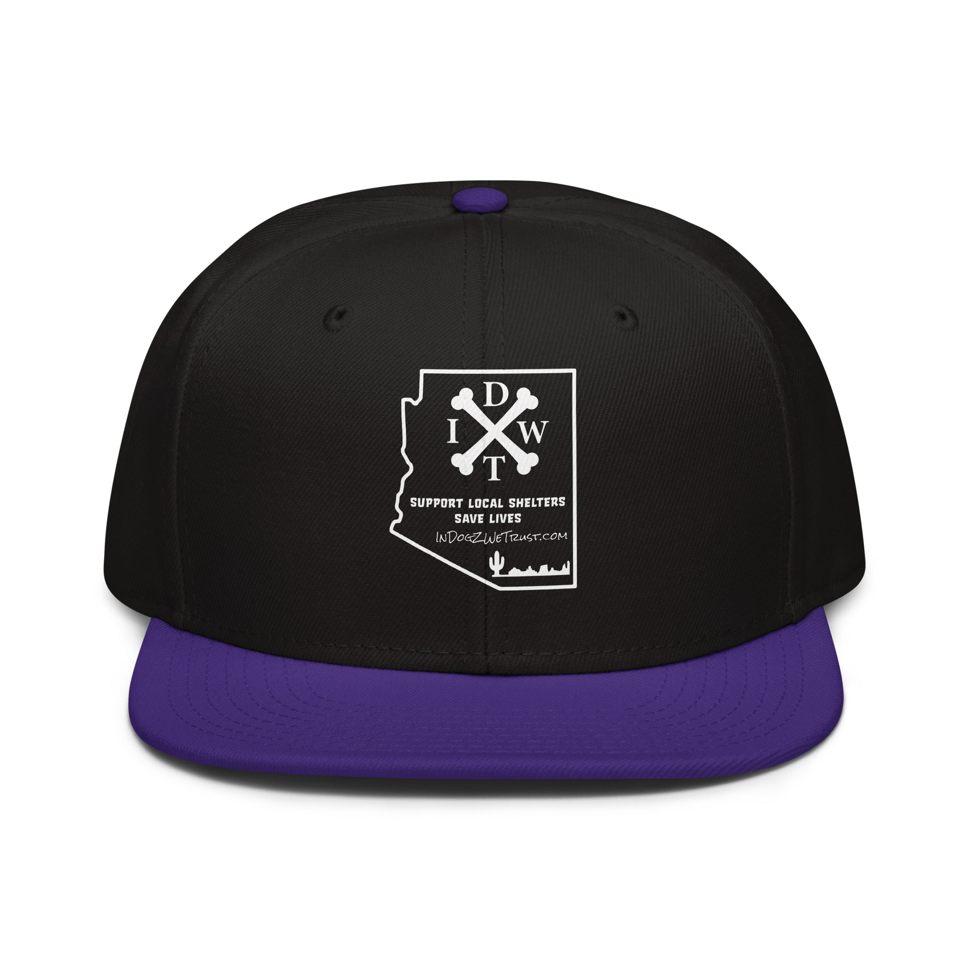 AZ Support Local Shelters Snapback Hat - Black/Purple with White Design - In Dogz We Trust - Front View