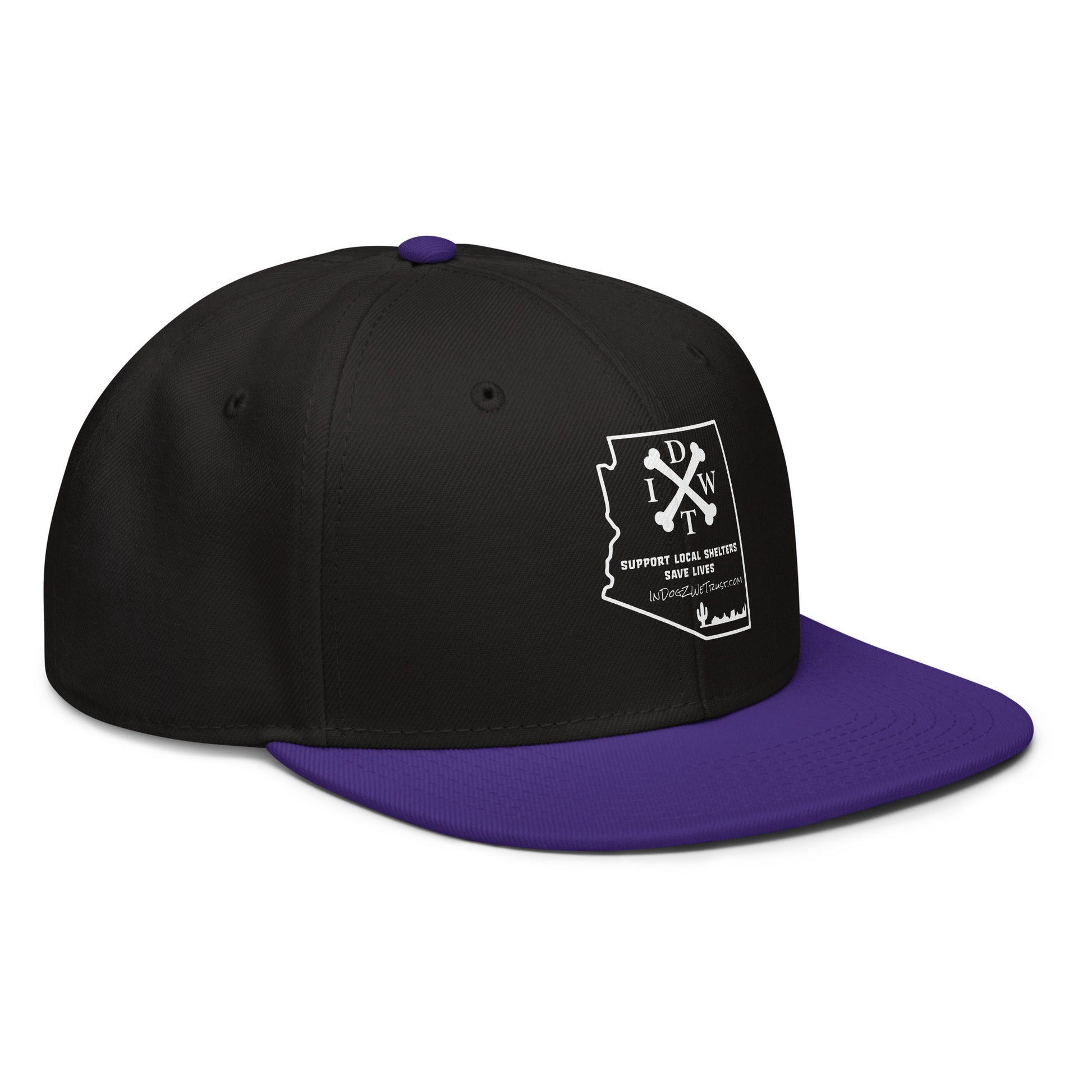 AZ Support Local Shelters Snapback Hat - Black/Purple with White Design - In Dogz We Trust - Side View