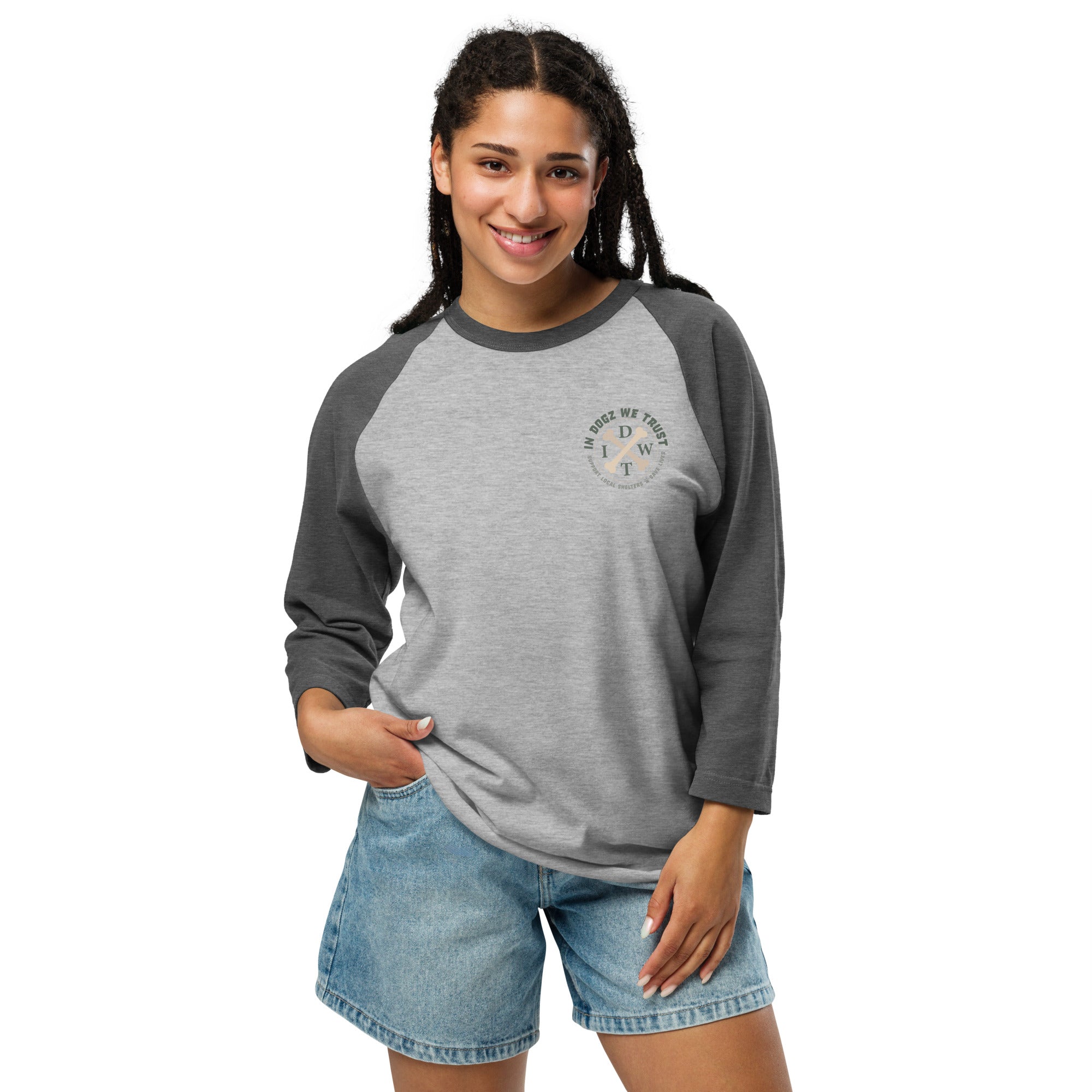 Crossbones 3/4 Sleeve Unisex Shirt - Heather Grey/Heather Charcoal - In Dogz We Trust - Female Model - Front View