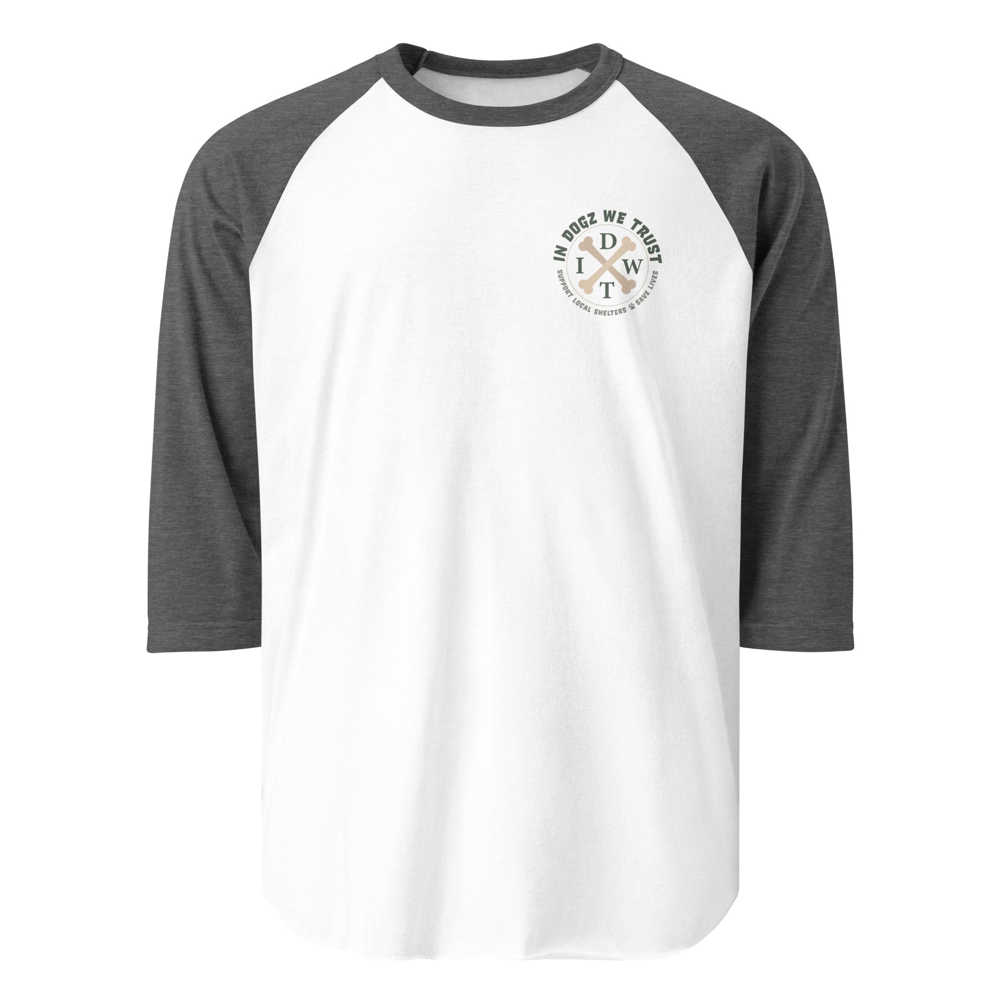 Crossbones 3/4 Sleeve Unisex Shirt - White/Heather Charcoal - In Dogz We Trust - Front View
