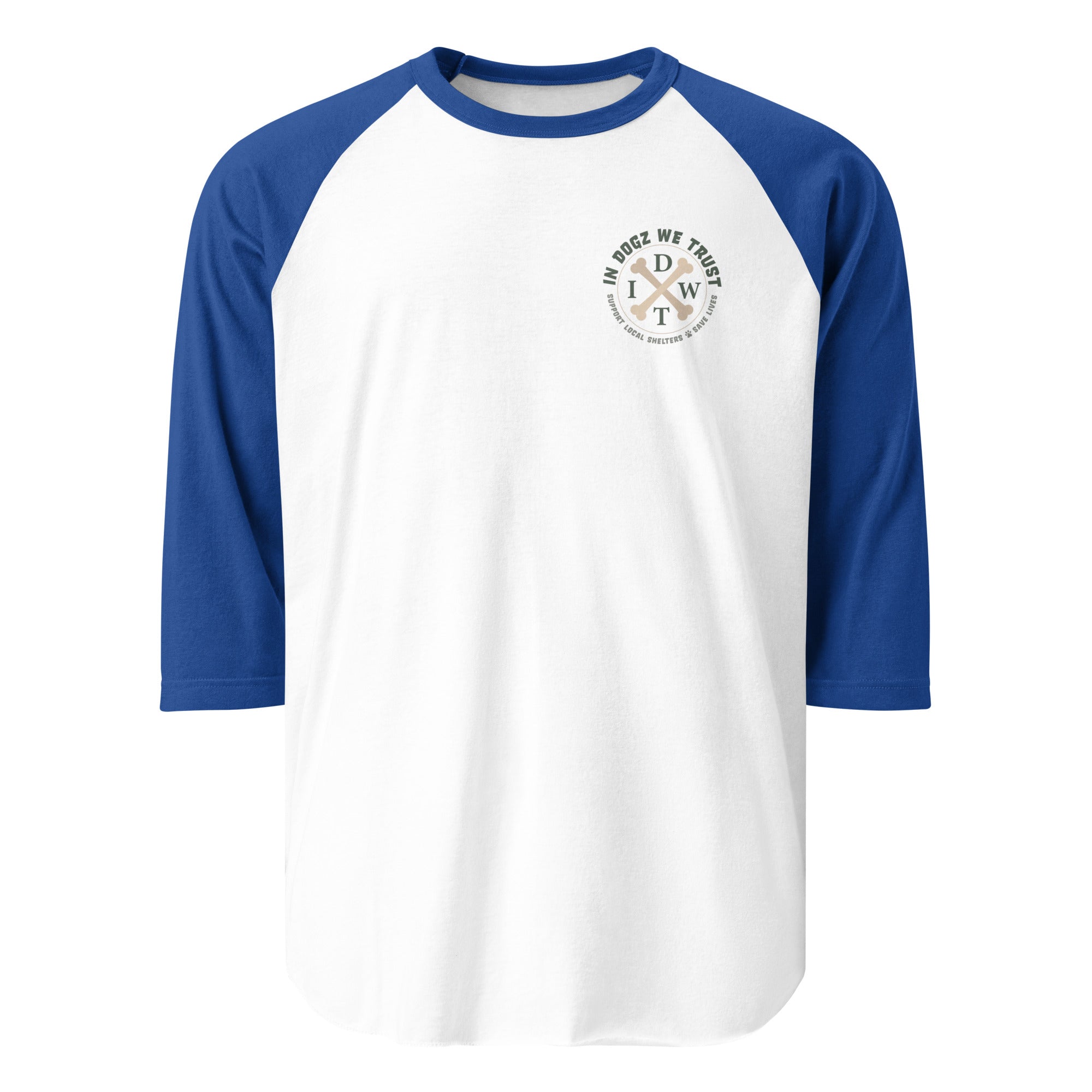 Crossbones 3/4 Sleeve Unisex Shirt - White/Royal Blue - In Dogz We Trust - Front View