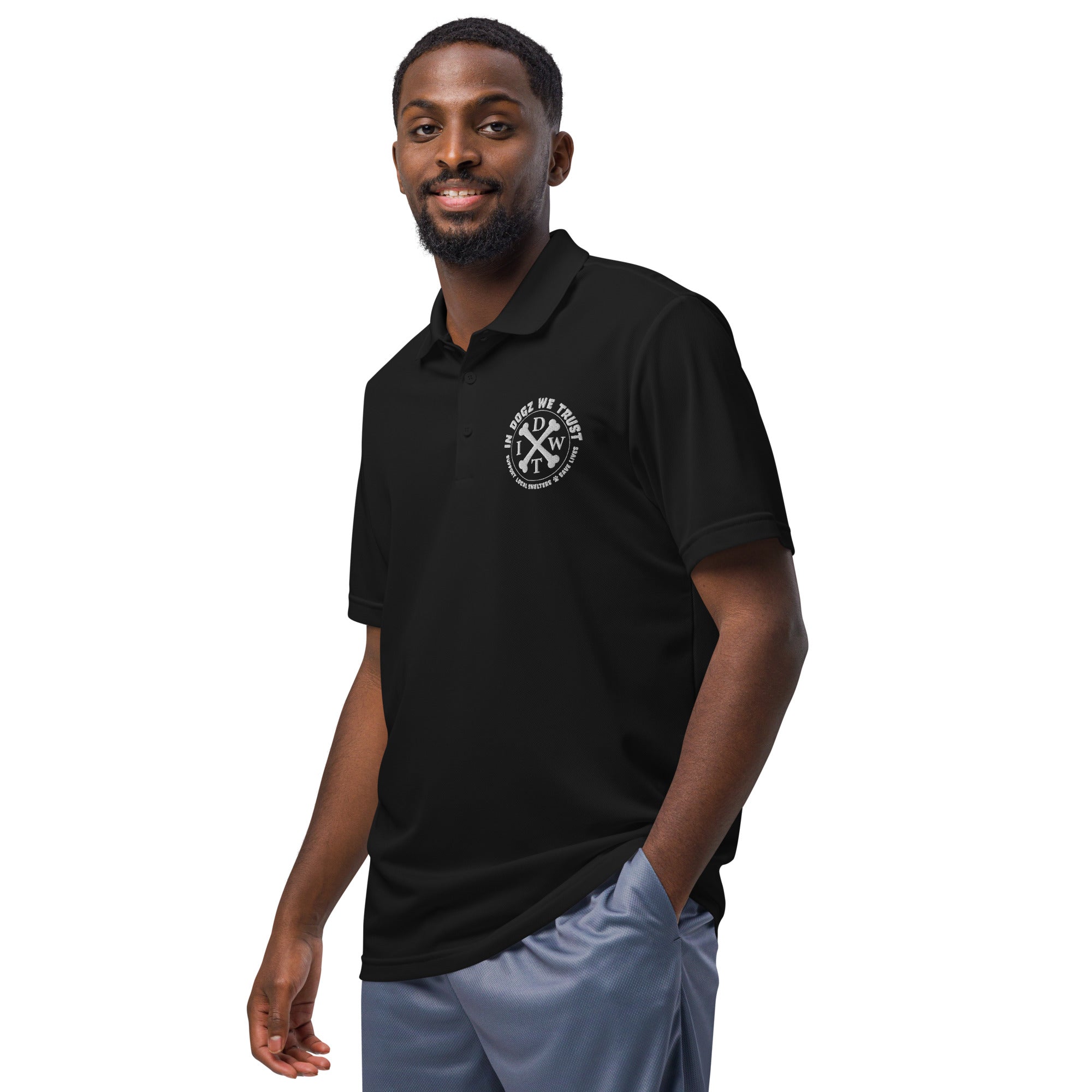 IDWT Performance Sport Polo - Unisex Black Adidas Moisture Wicking T-shirt - Male Model