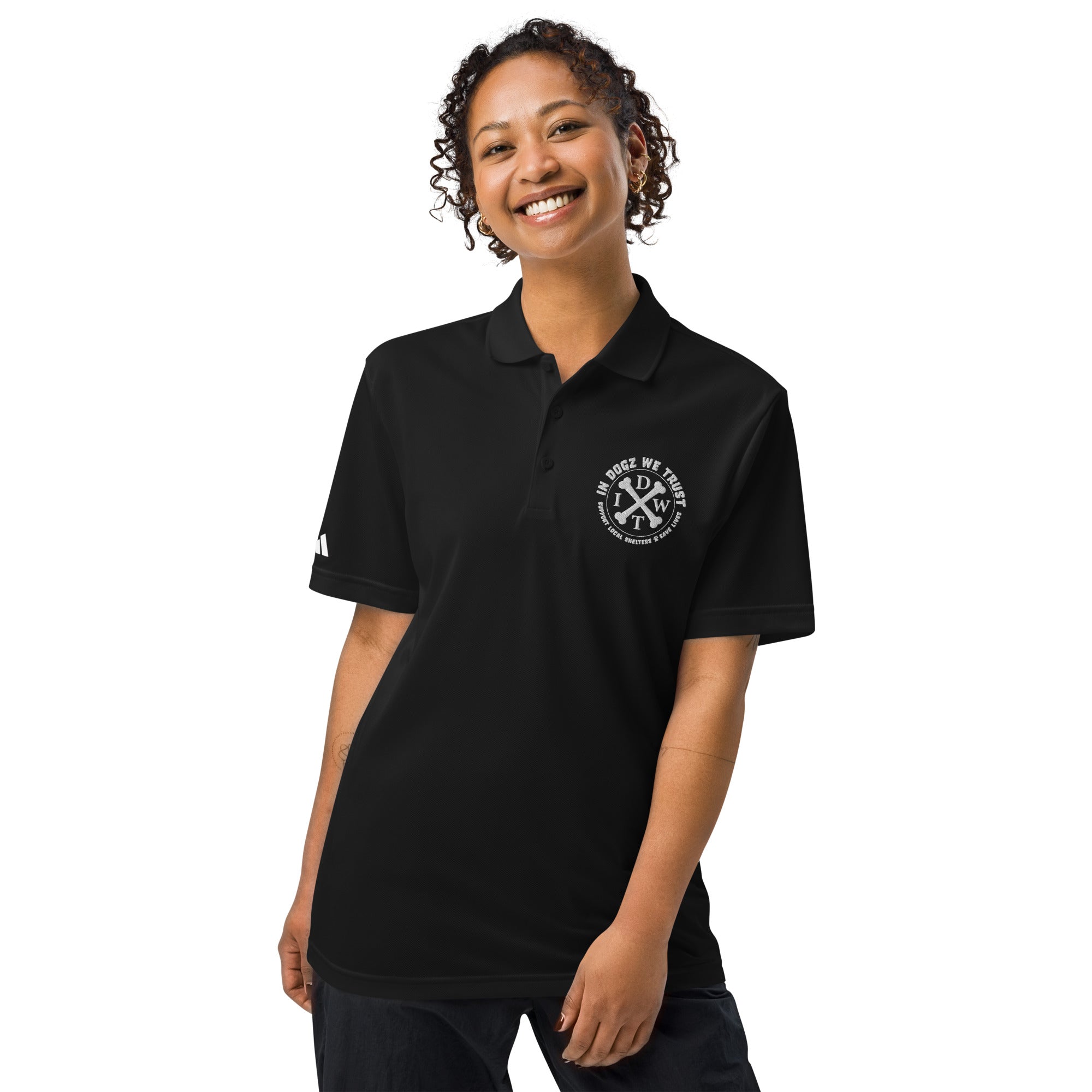 IDWT Performance Sport Polo - Unisex Black Adidas Moisture Wicking T-shirt - Female Model