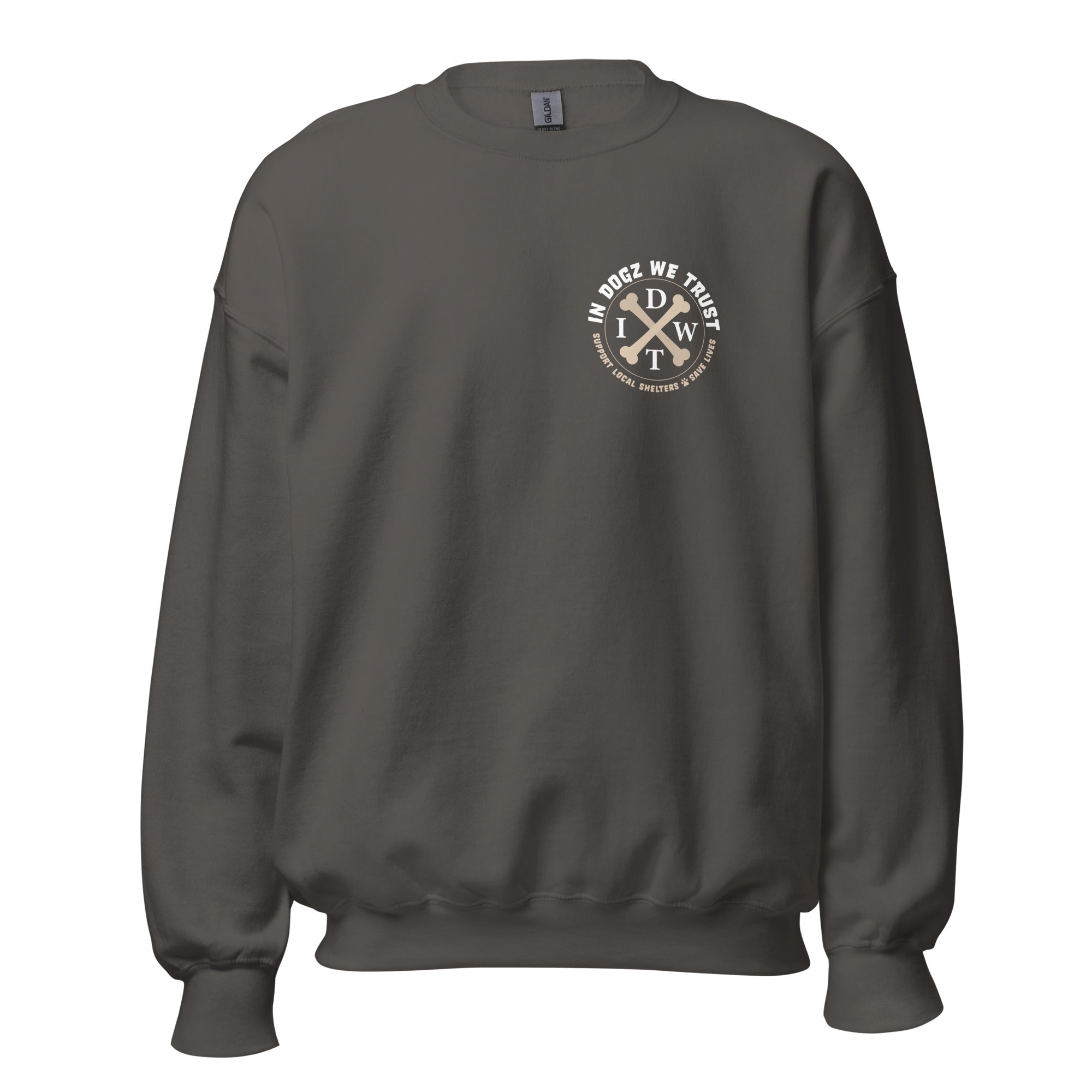 Love Dogz. Tolerate Humans. Soft Crewneck Sweater - Charcoal Grey - In Dogz We Trust - Front View
