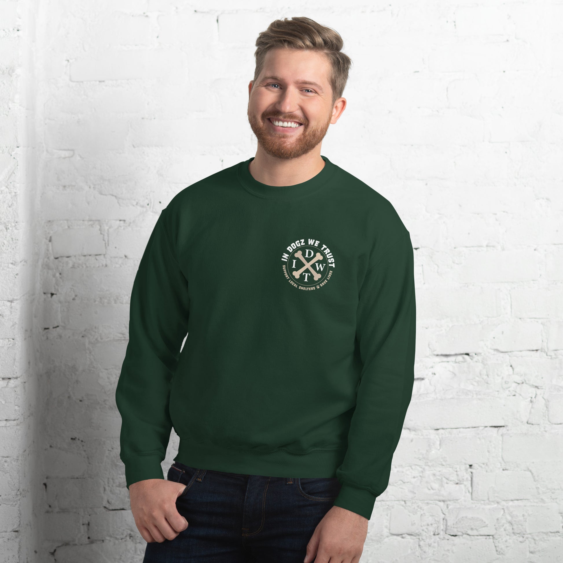 Love Dogz. Tolerate Humans. Soft Crewneck Sweater - Forest Green - In Dogz We Trust - Male Model - Front View