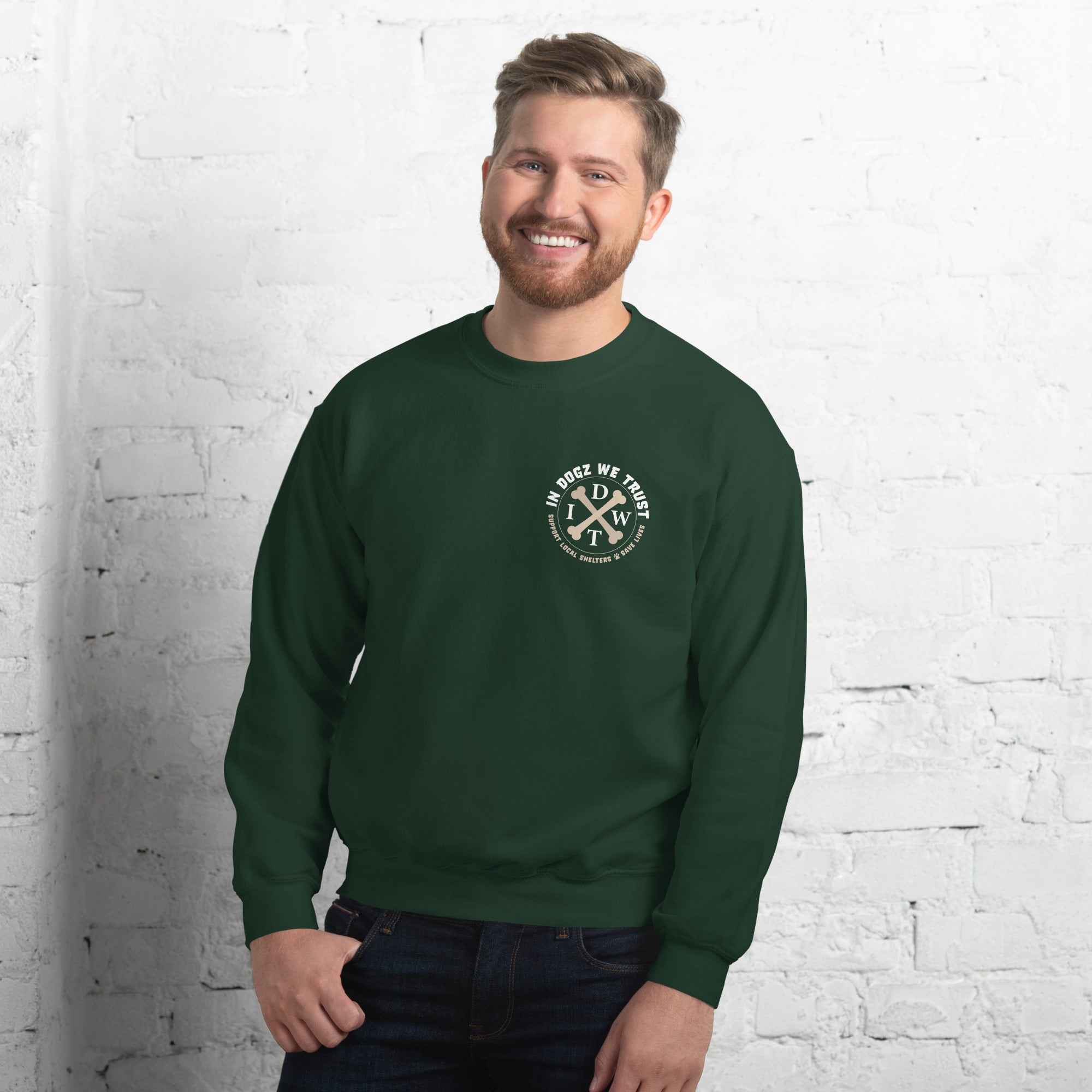 Love Dogz. Tolerate Humans. Soft Crewneck Sweater - Forest Green - In Dogz We Trust - Male Model - Front View