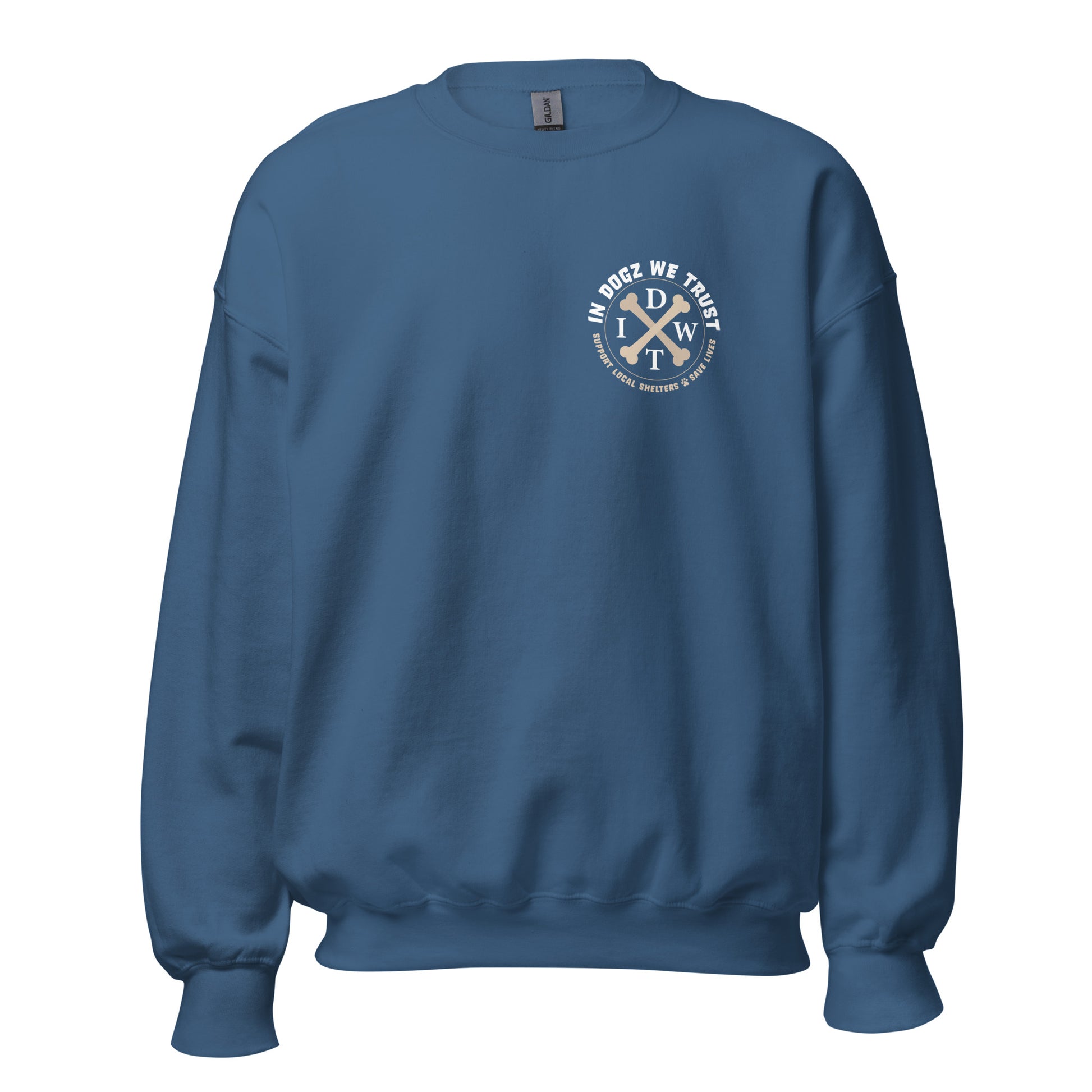 Love Dogz. Tolerate Humans. Soft Crewneck Sweater - Indigo Blue - In Dogz We Trust - Front View