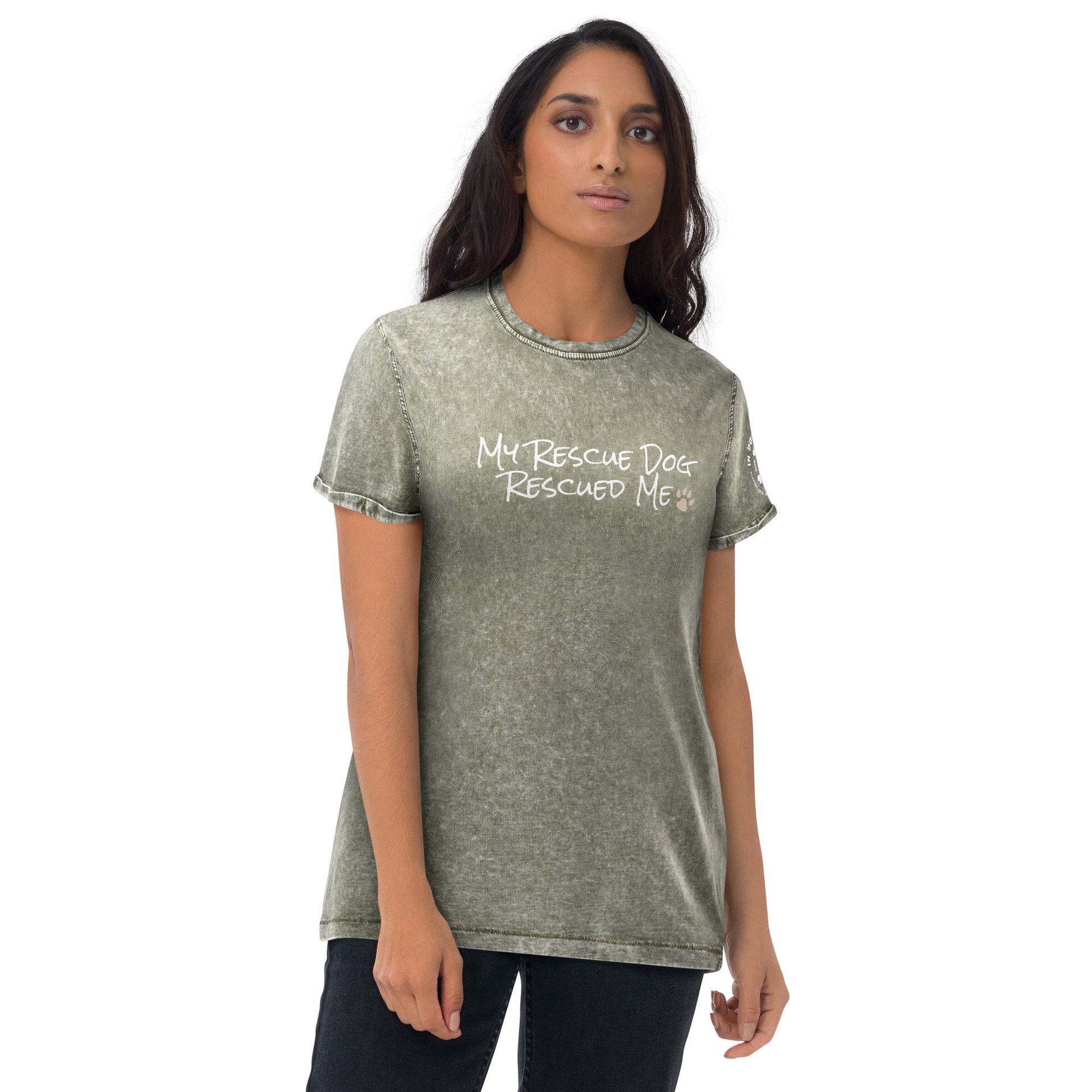 My Rescue Dog Rescued Me - Army Green Textured Unisex T-Shirt - In Dogz We Trust - Female Model