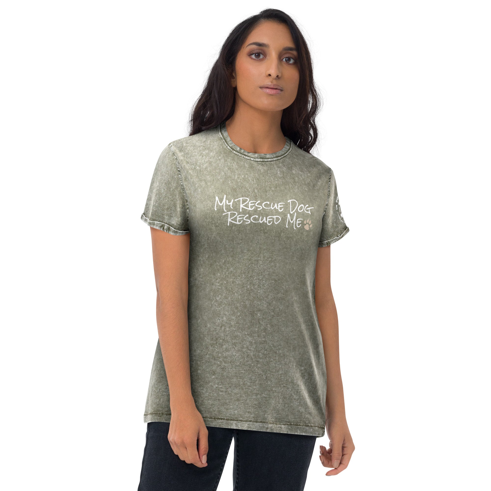 My Rescue Dog Rescued Me - Army Green Textured Unisex T-Shirt - In Dogz We Trust - Female Model