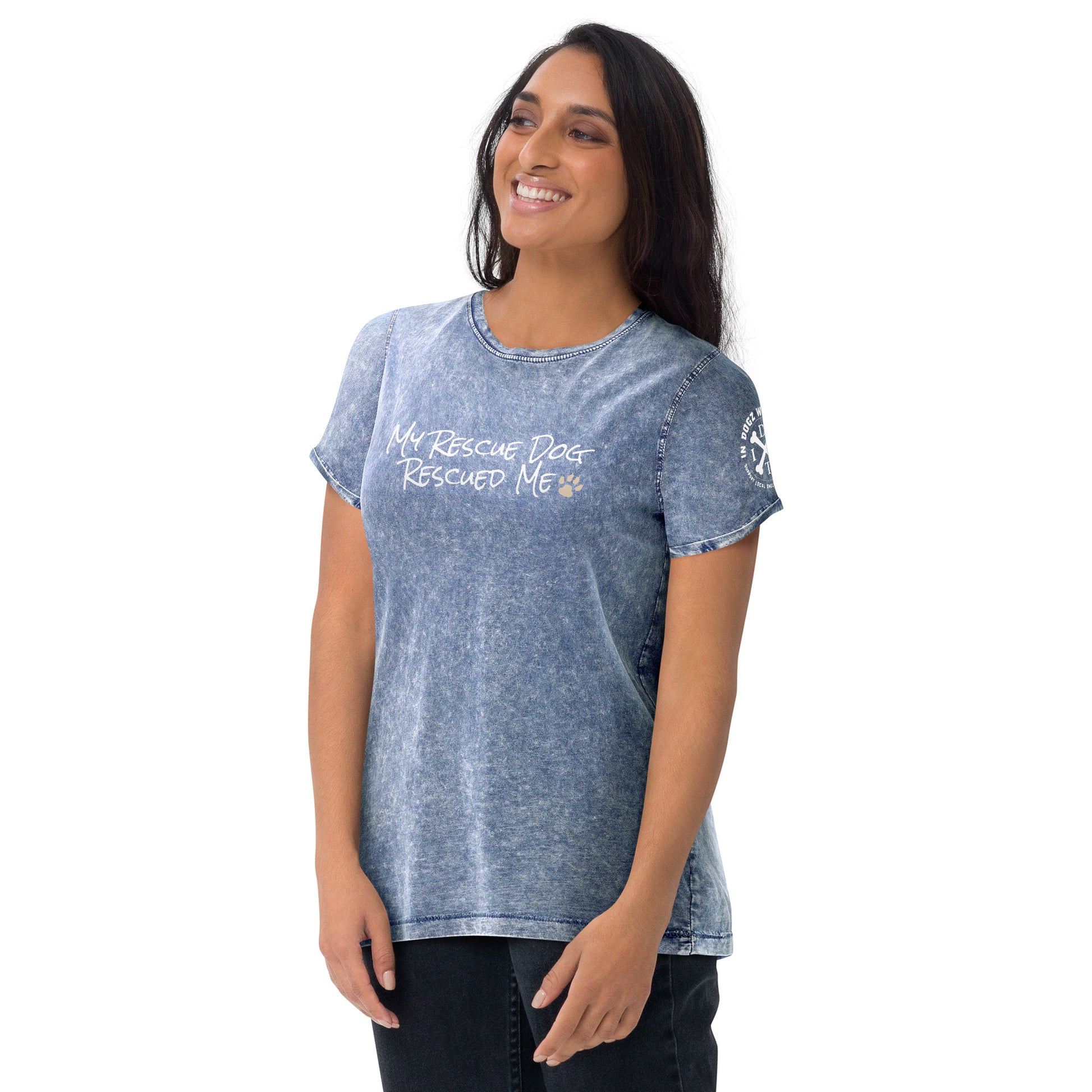 My Rescue Dog Rescued Me - Denim Blue Textured Unisex T-Shirt - In Dogz We Trust - Female Model