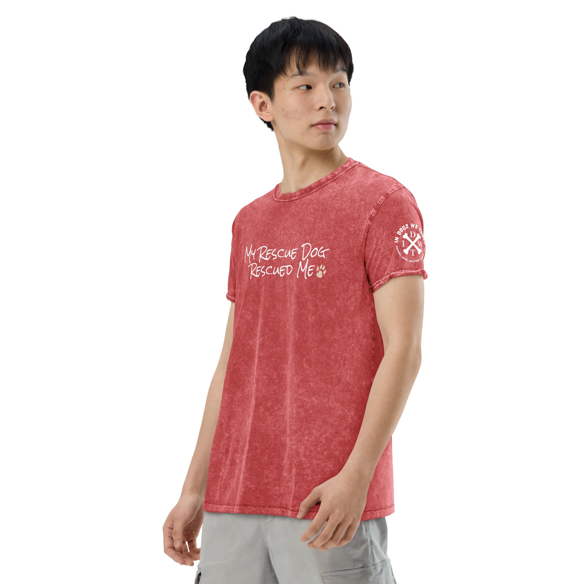 My Rescue Dog Rescued Me - Garnet Red Textured Unisex T-Shirt - In Dogz We Trust - Male Model
