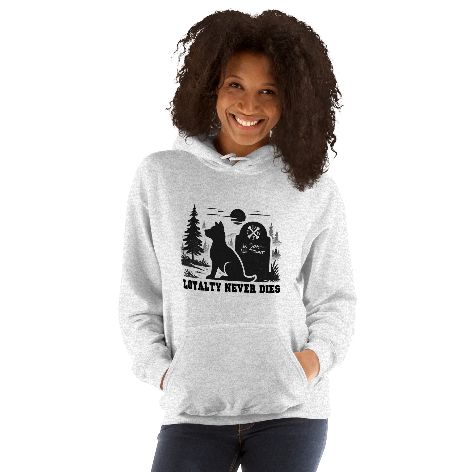 Loyalty Never Dies Hoodie - Ash Grey - Dog Howling at the Moon Design - In Dogz We Trust - Female Model