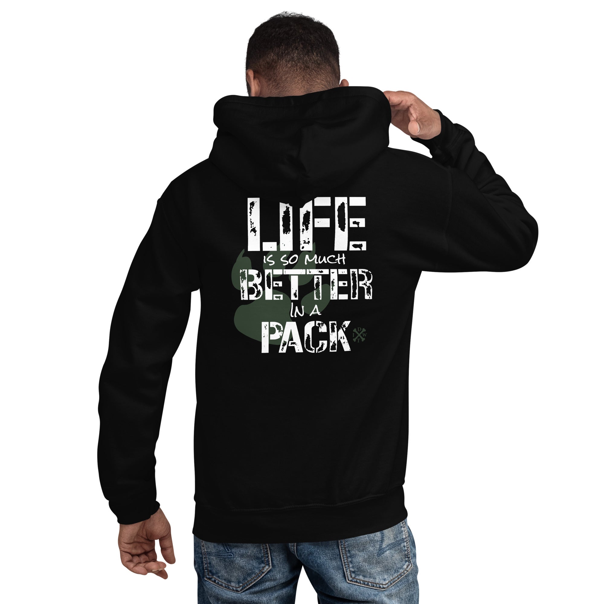 Life Is Better In A Pack - Black Unisex Hoodie - Support Local Dog Shelters - IDWT - Male Model - Back View