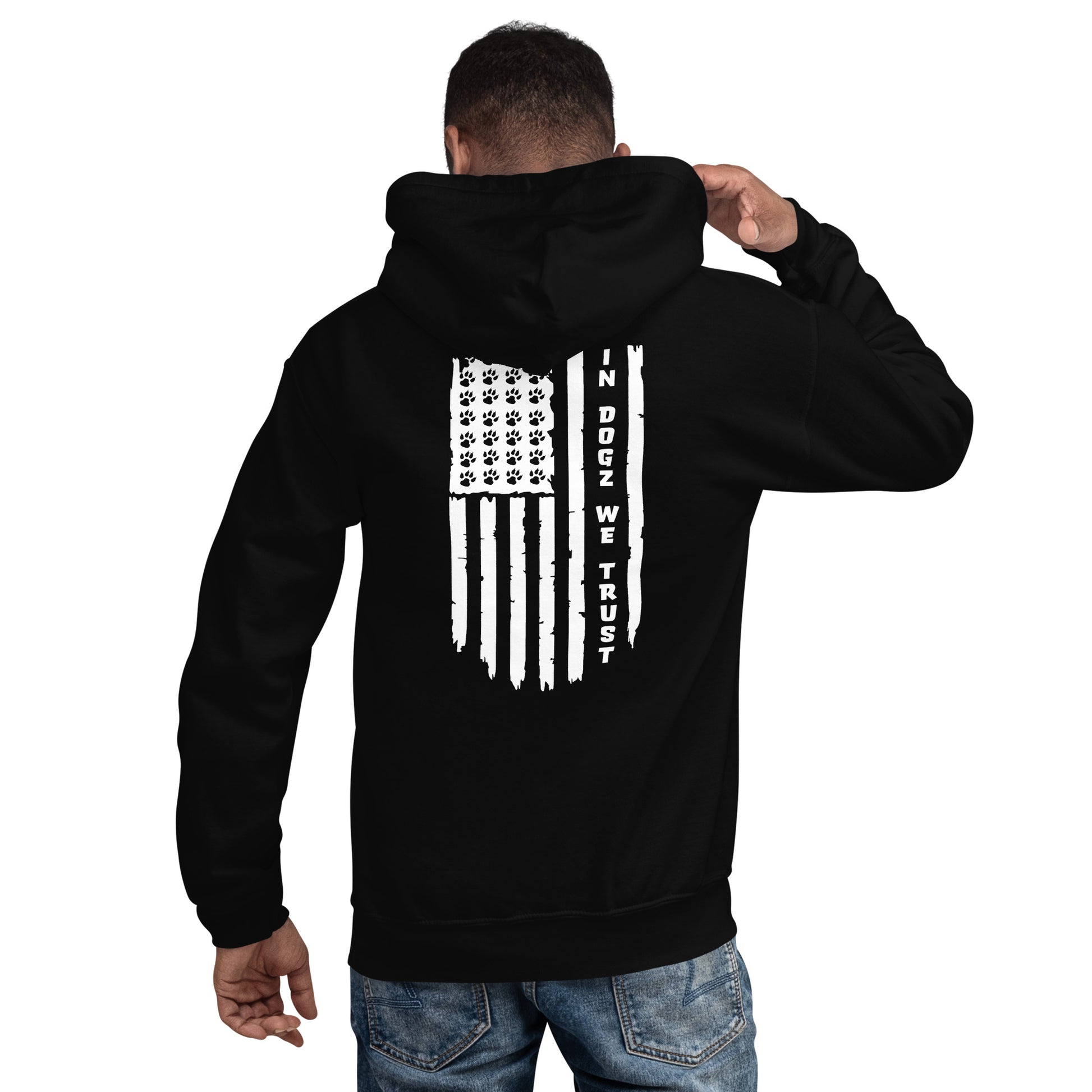 Paws & Stripes: Unisex Hoodie - Black - In Dogz We Trust - Male Model - Back View