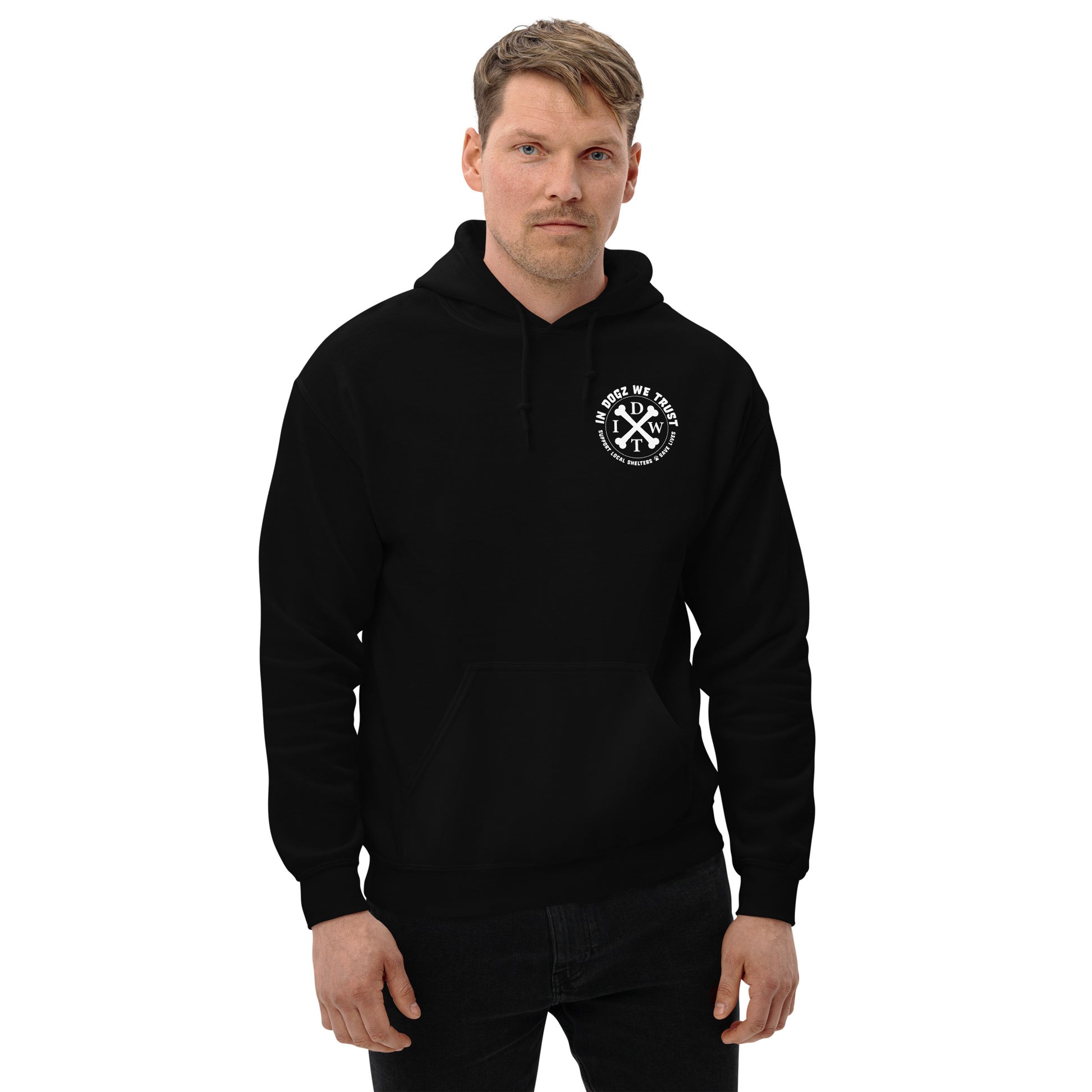 Paws & Stripes: Unisex Hoodie - Black - In Dogz We Trust - Male Model - Front Side View