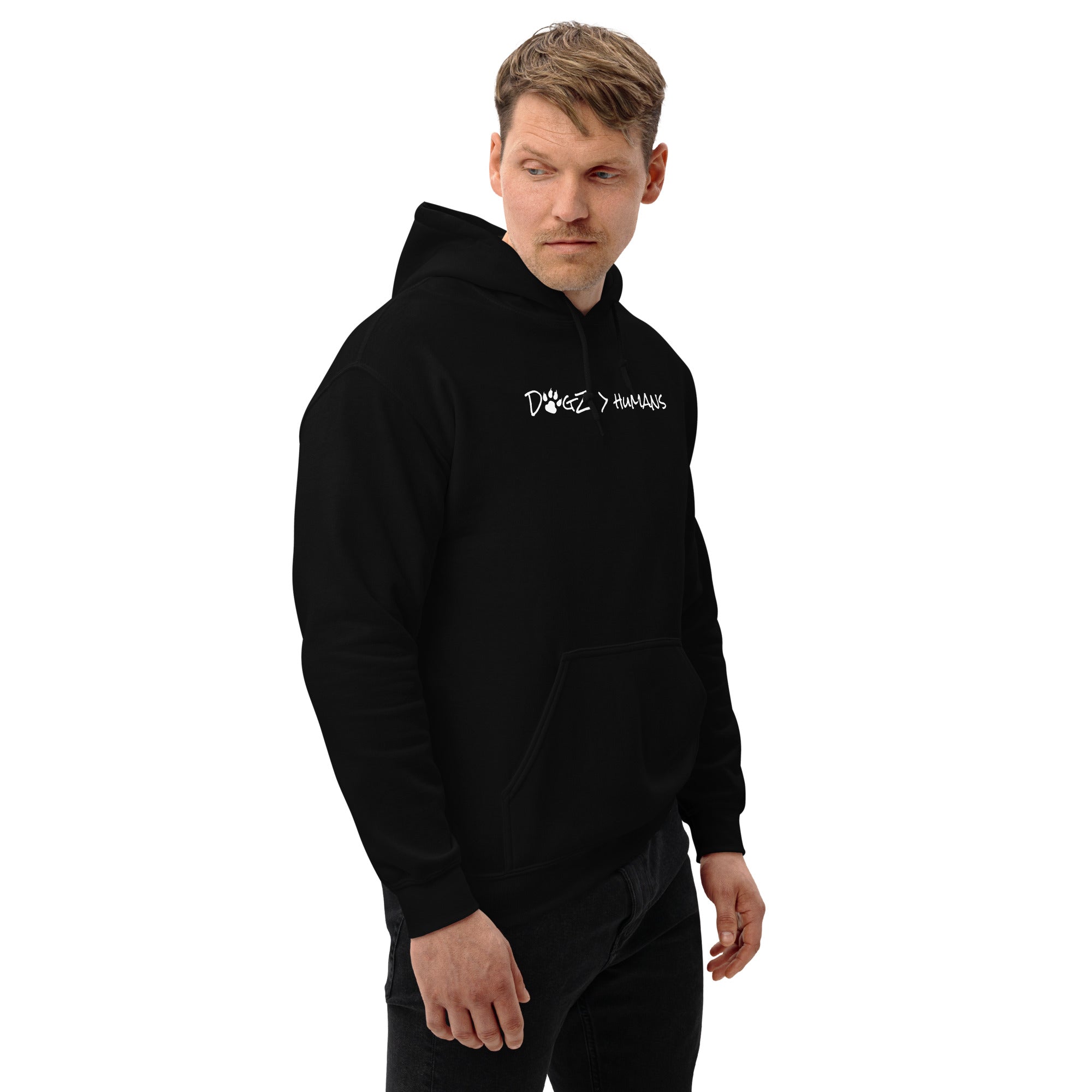 Dogz > Humans: Unisex Hoodie - Black - In Dogz We Trust - Male Model - Front View