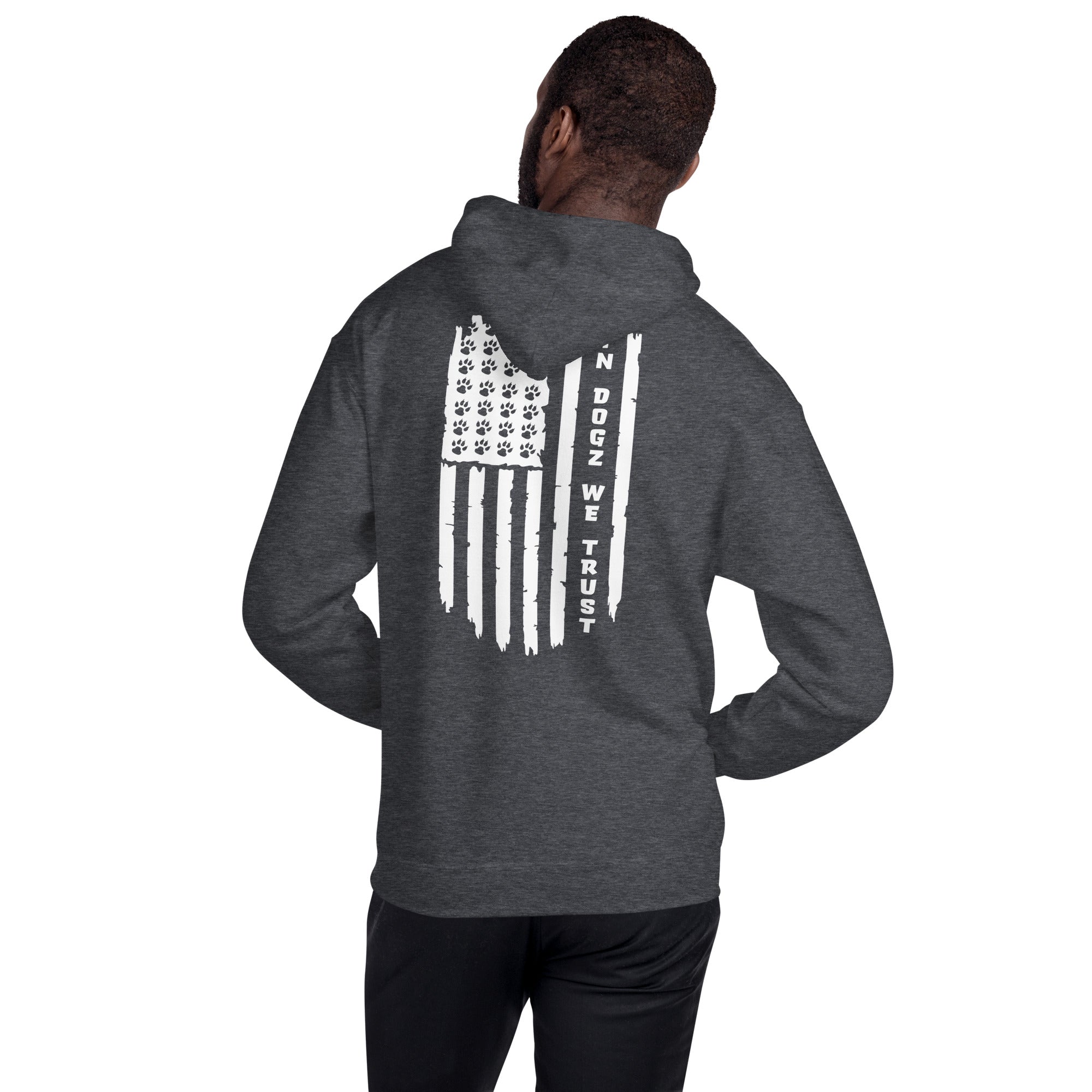 Paws & Stripes: Unisex Hoodie - Dark Grey - In Dogz We Trust - Male Model - Back View