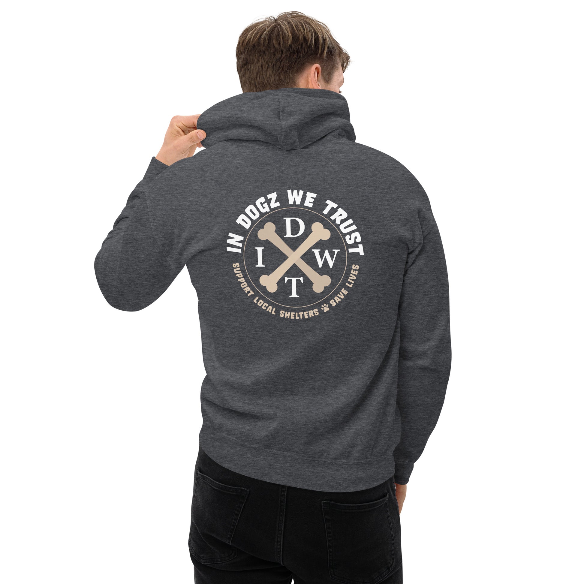 Dogz > Humans: Unisex Hoodie - Dark Heather Grey - In Dogz We Trust - Male Model - Back View