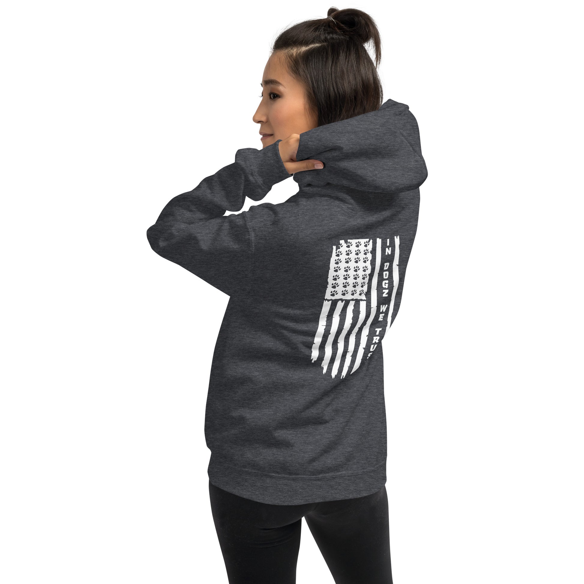 Paws & Stripes: Unisex Hoodie - Dark Grey - In Dogz We Trust - Female Model - Back SideView