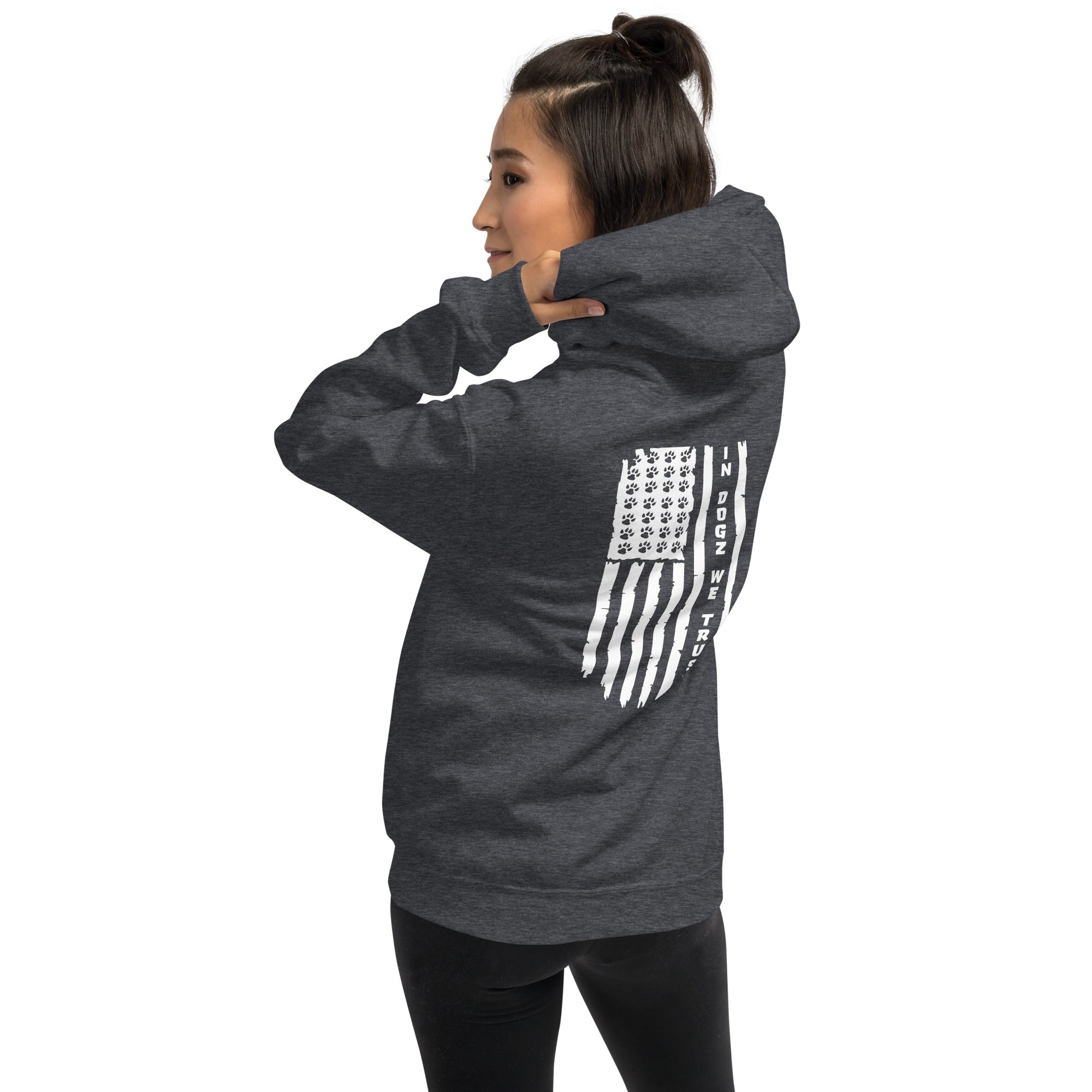 Paws & Stripes: Unisex Hoodie - Dark Grey - In Dogz We Trust - Female Model - Back SideView