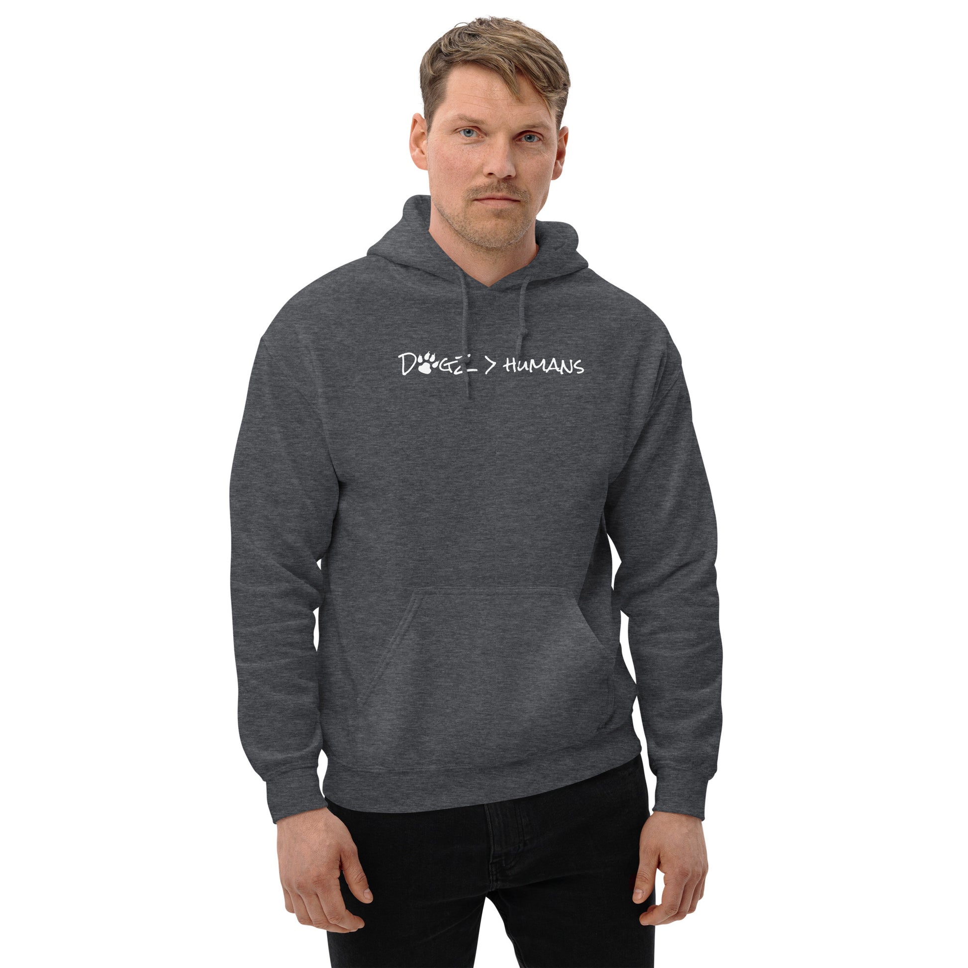 Dogz > Humans: Unisex Hoodie - Dark Heather Grey - In Dogz We Trust - Male Model - Front View