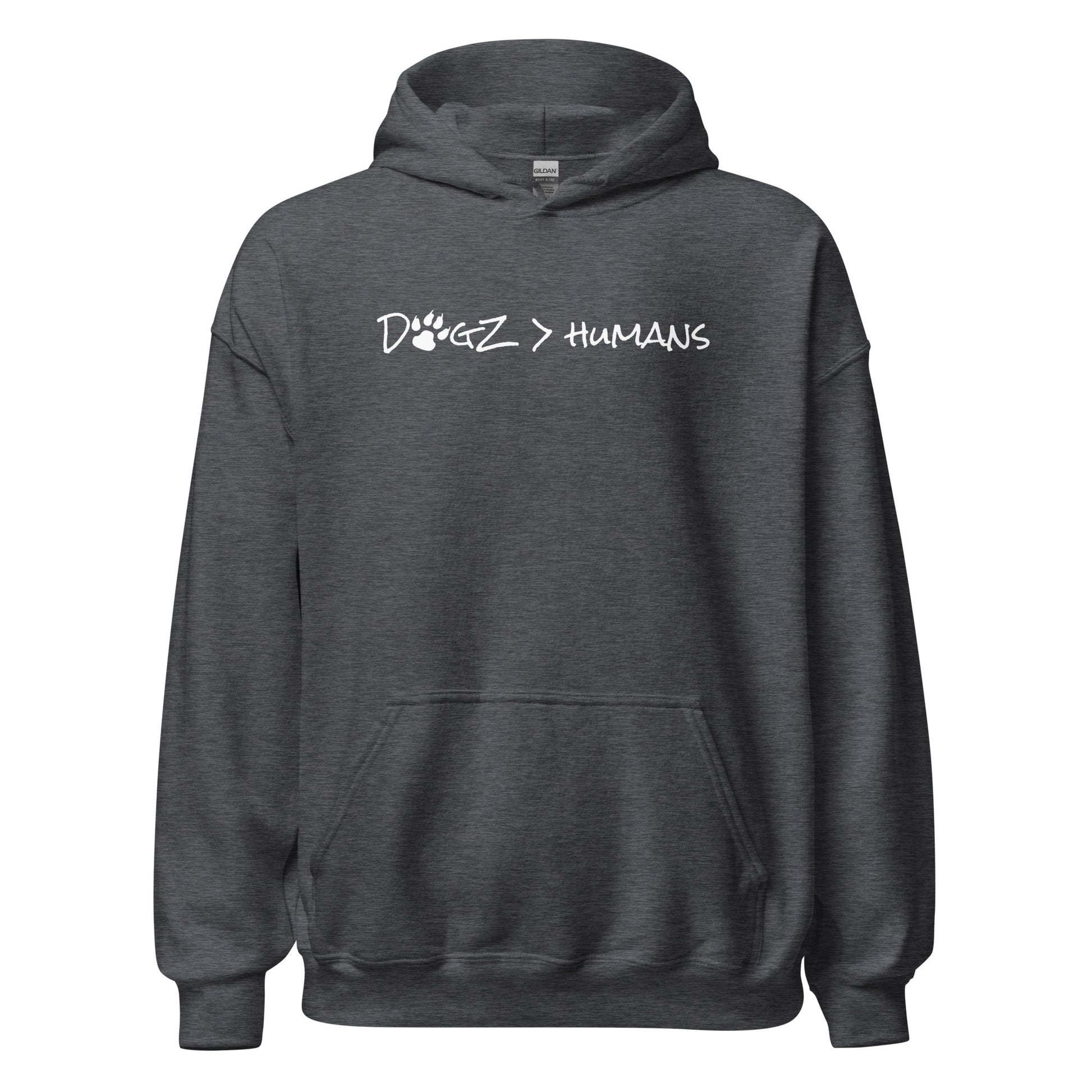 Dogz > Humans: Unisex Hoodie - Dark Heather Grey - In Dogz We Trust - Front View