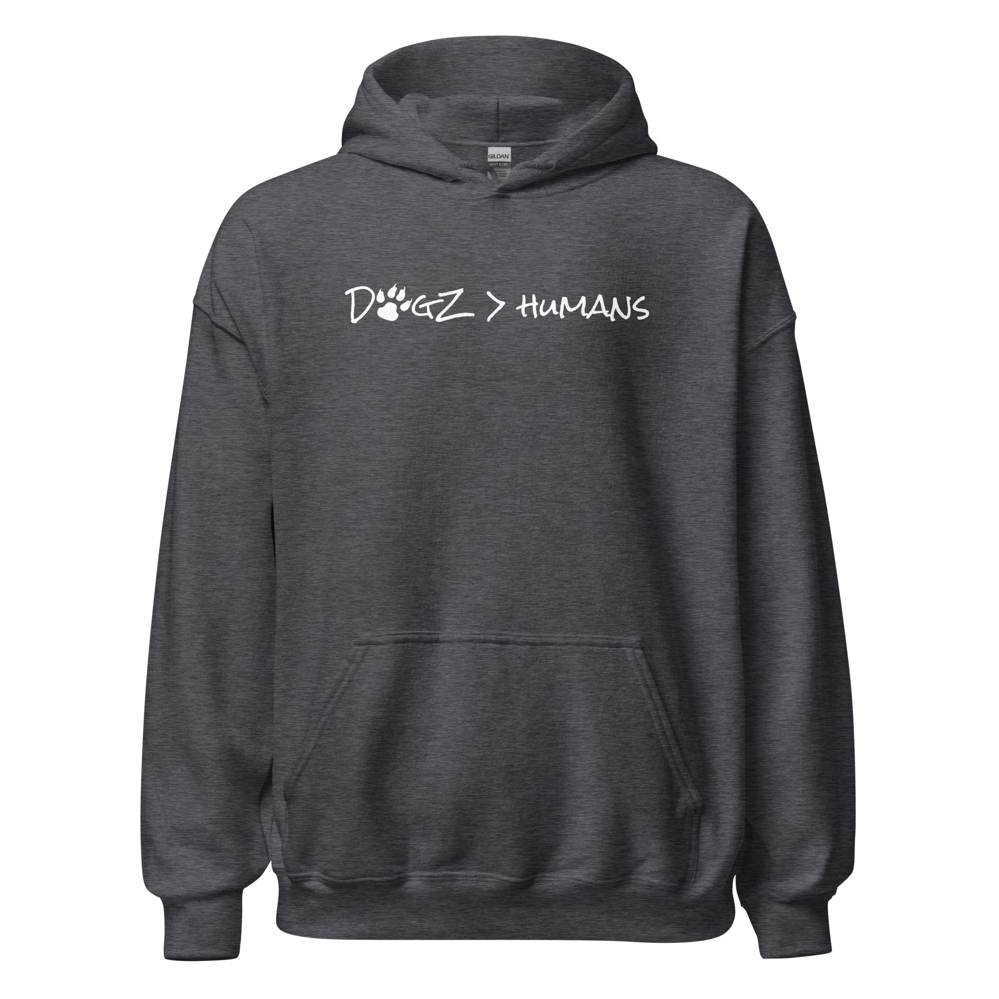 Dogz > Humans: Unisex Hoodie - Dark Heather Grey - In Dogz We Trust - Front View