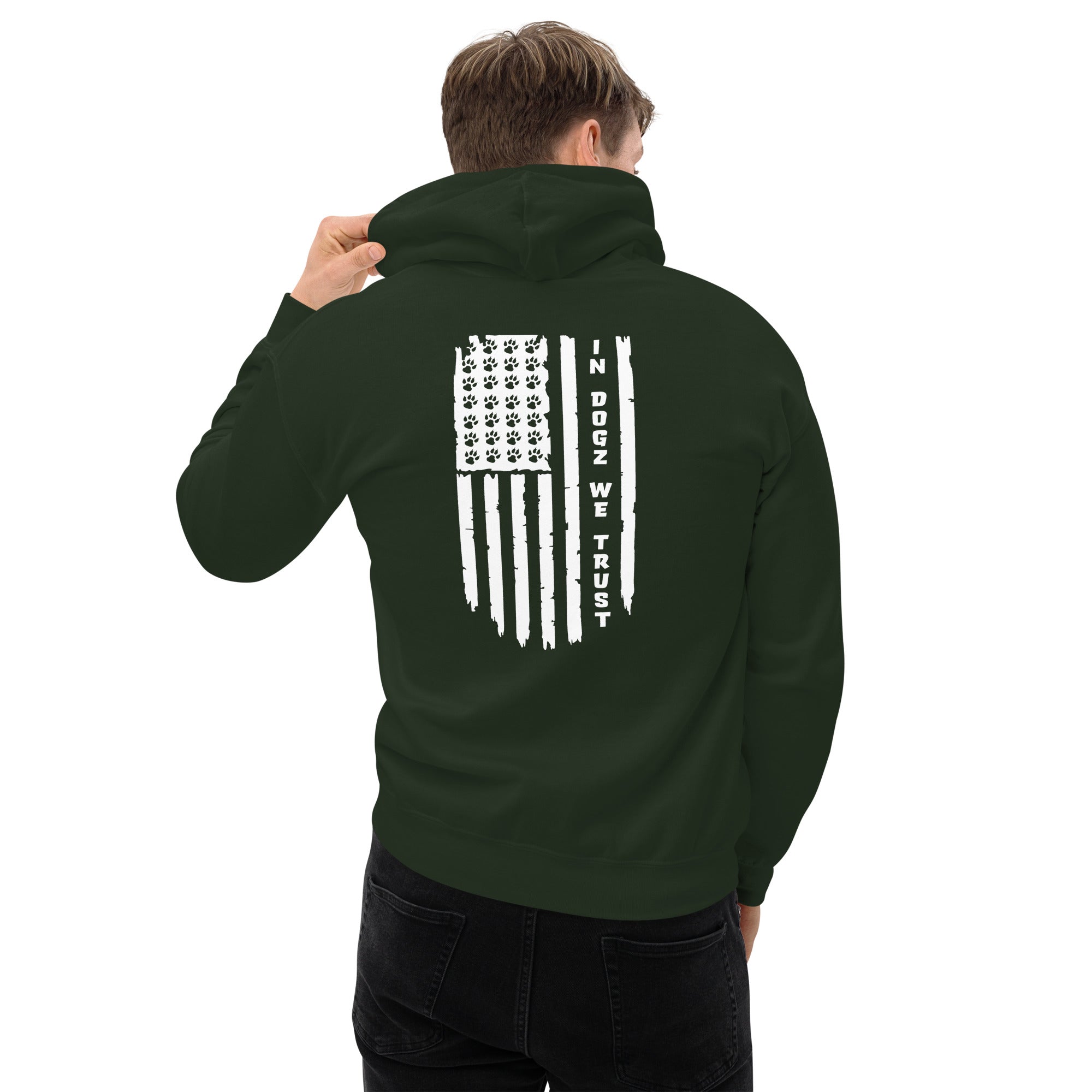 Paws & Stripes: Unisex Hoodie - Forest Green - In Dogz We Trust - Male Model - Back View