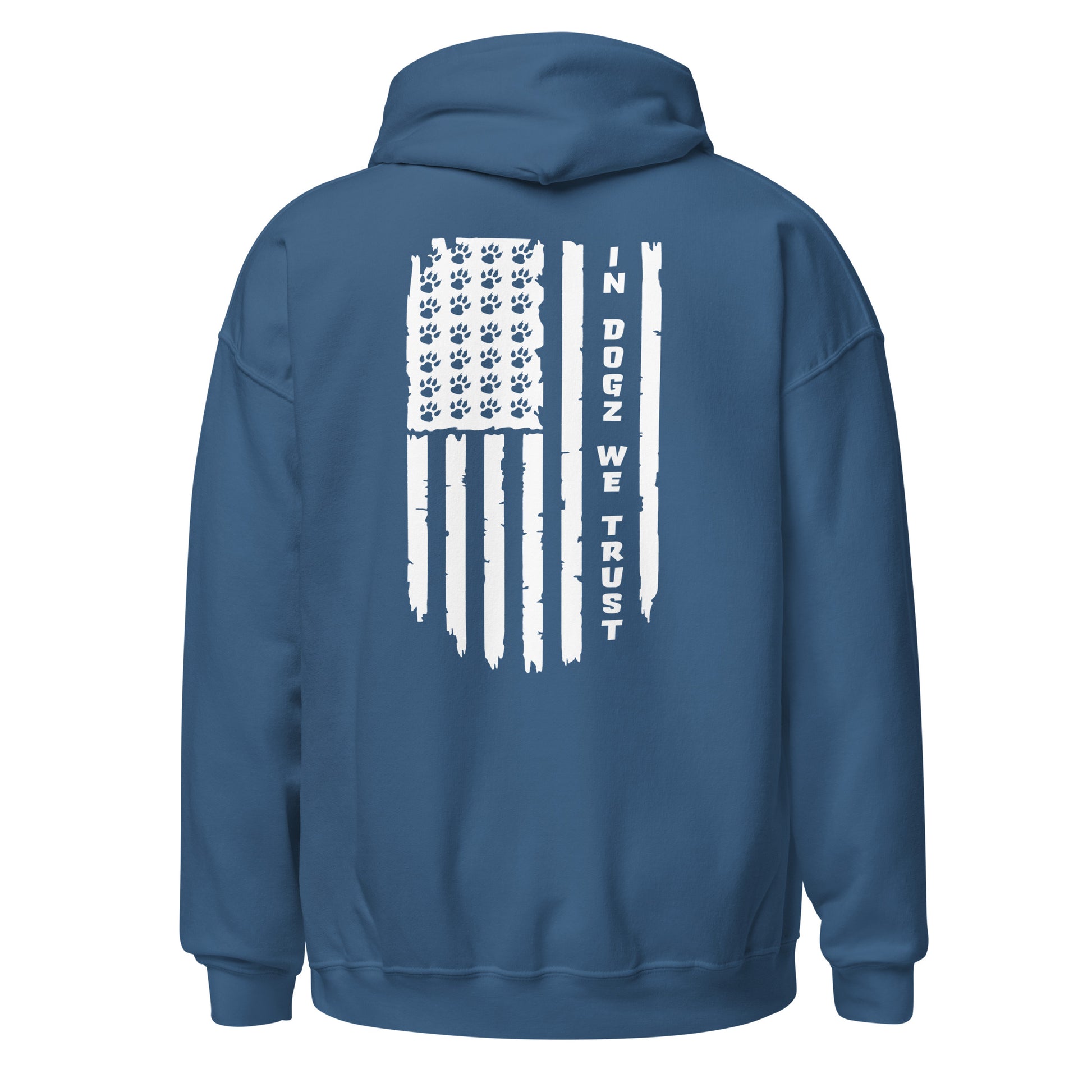 Paws & Stripes: Unisex Hoodie - indigo Blue - In Dogz We Trust - Back View