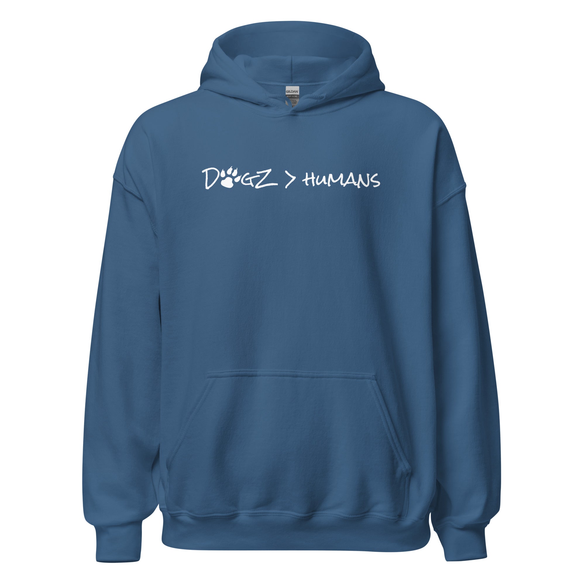 Dogz > Humans: Unisex Hoodie - Indigo - In Dogz We Trust - Front View