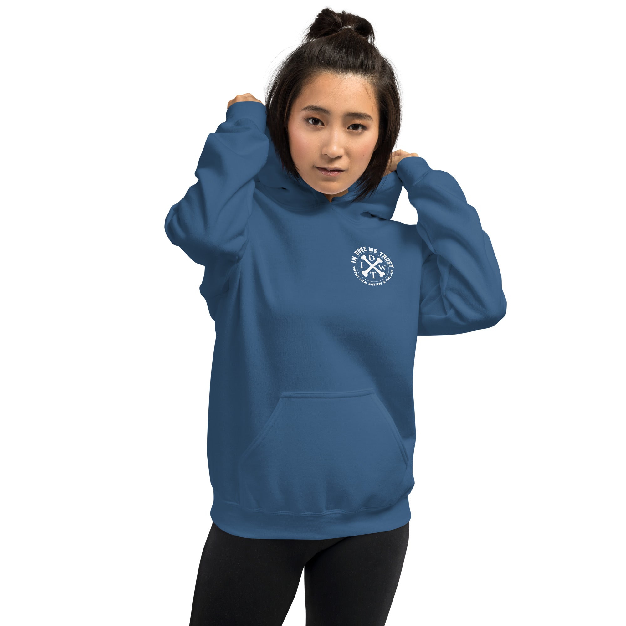 Paws & Stripes: Unisex Hoodie - Indigo Blue - In Dogz We Trust - Female Model - Front View