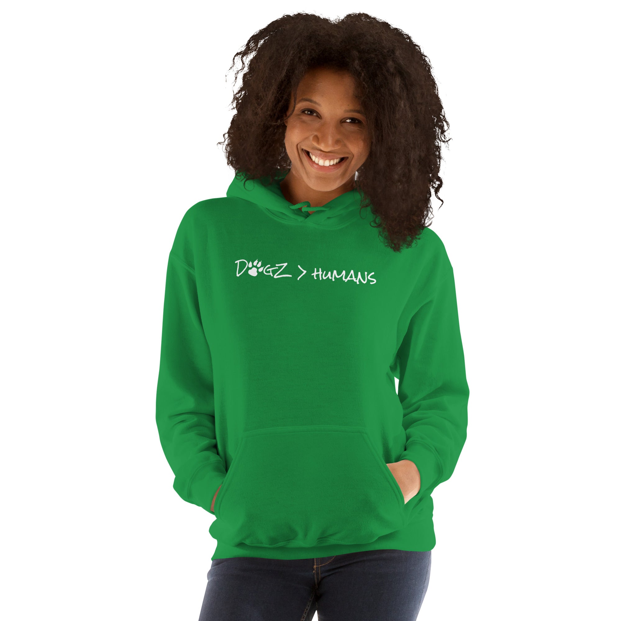Dogz > Humans: Unisex Hoodie - Kelly Green - In Dogz We Trust - Female Model - Front View