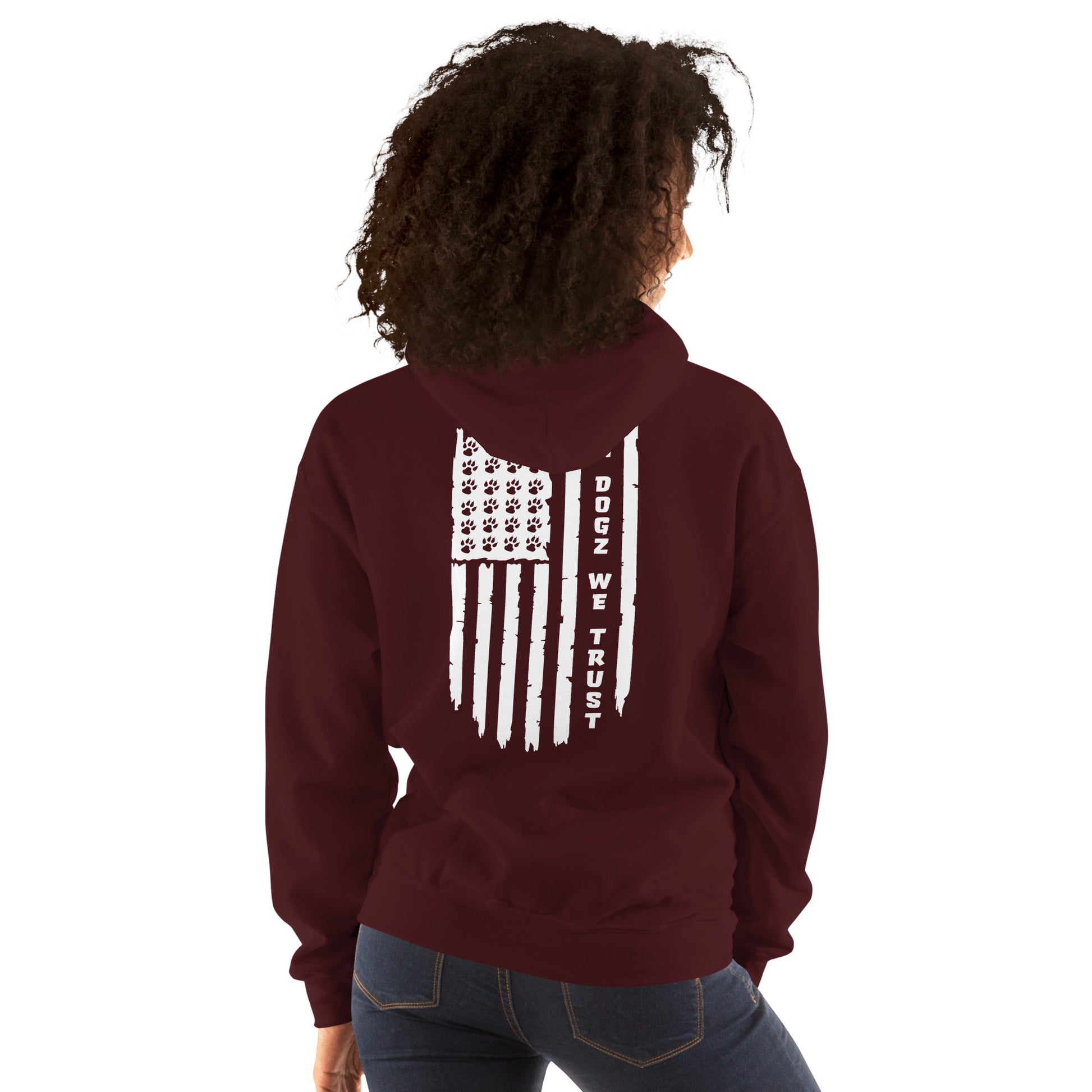 Paws & Stripes: Unisex Hoodie - Maroon - In Dogz We Trust - Female Model - Back View