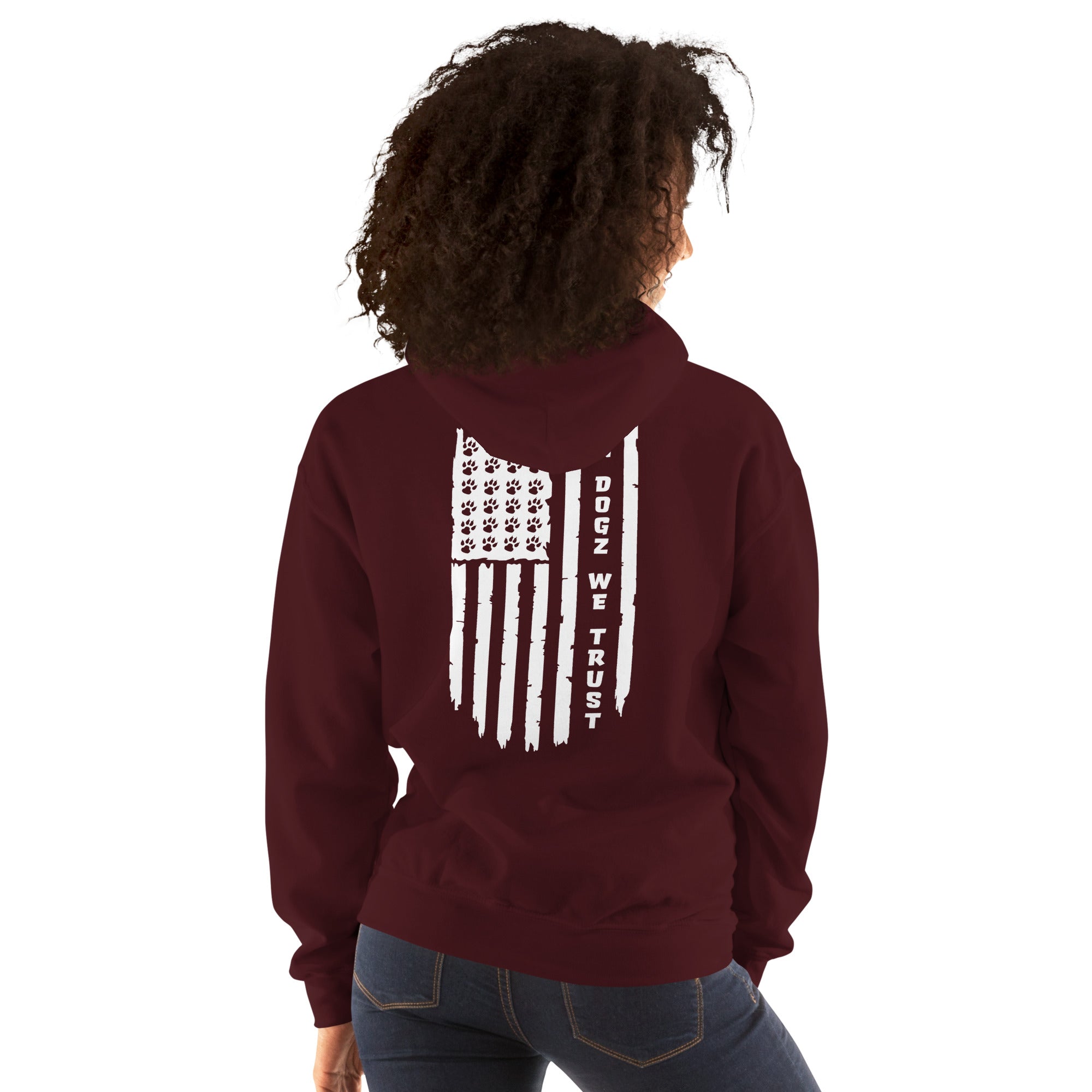 Paws & Stripes: Unisex Hoodie - Maroon - In Dogz We Trust - Female Model - Back View
