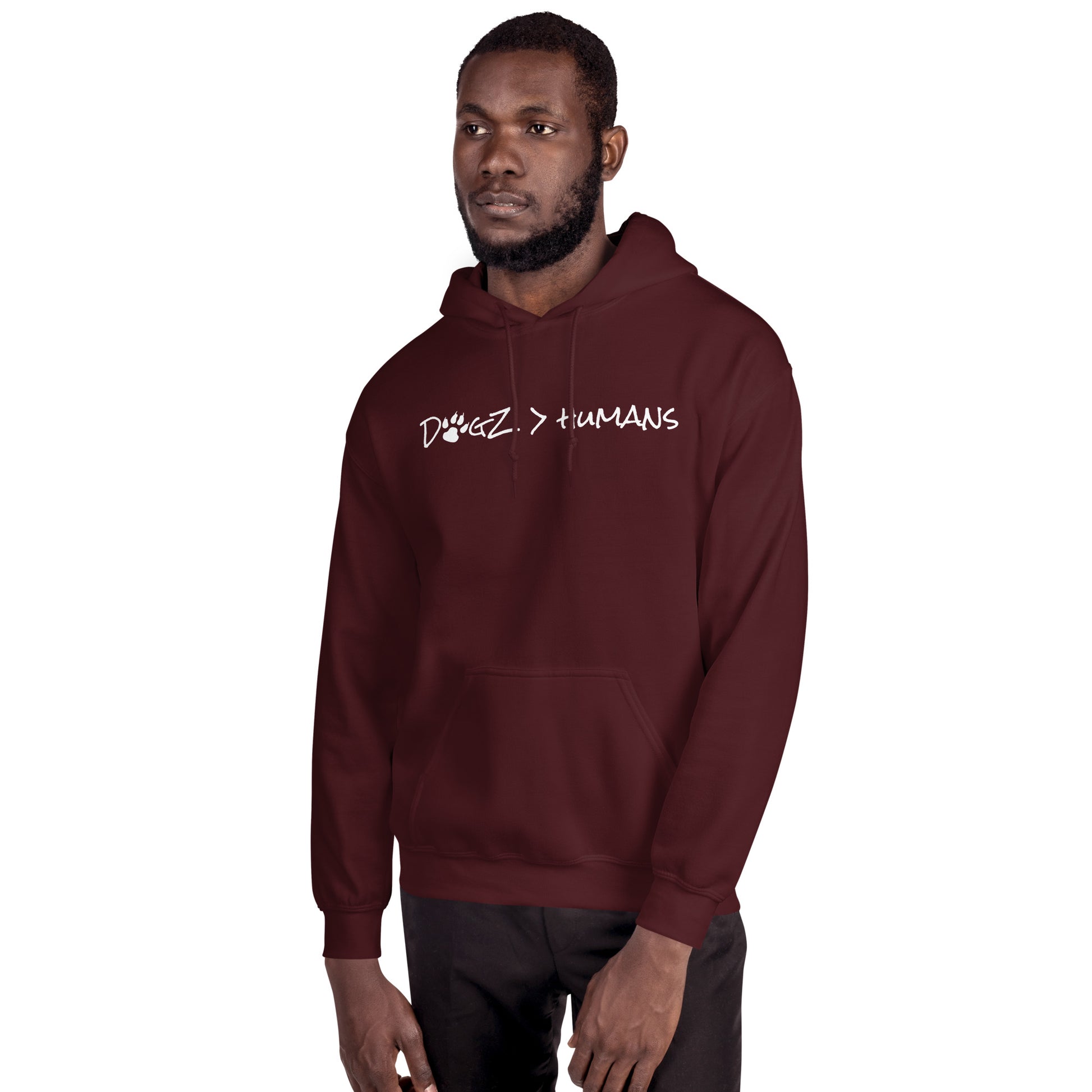 Dogz > Humans: Unisex Hoodie - Maroon - In Dogz We Trust - Male Model - Front View