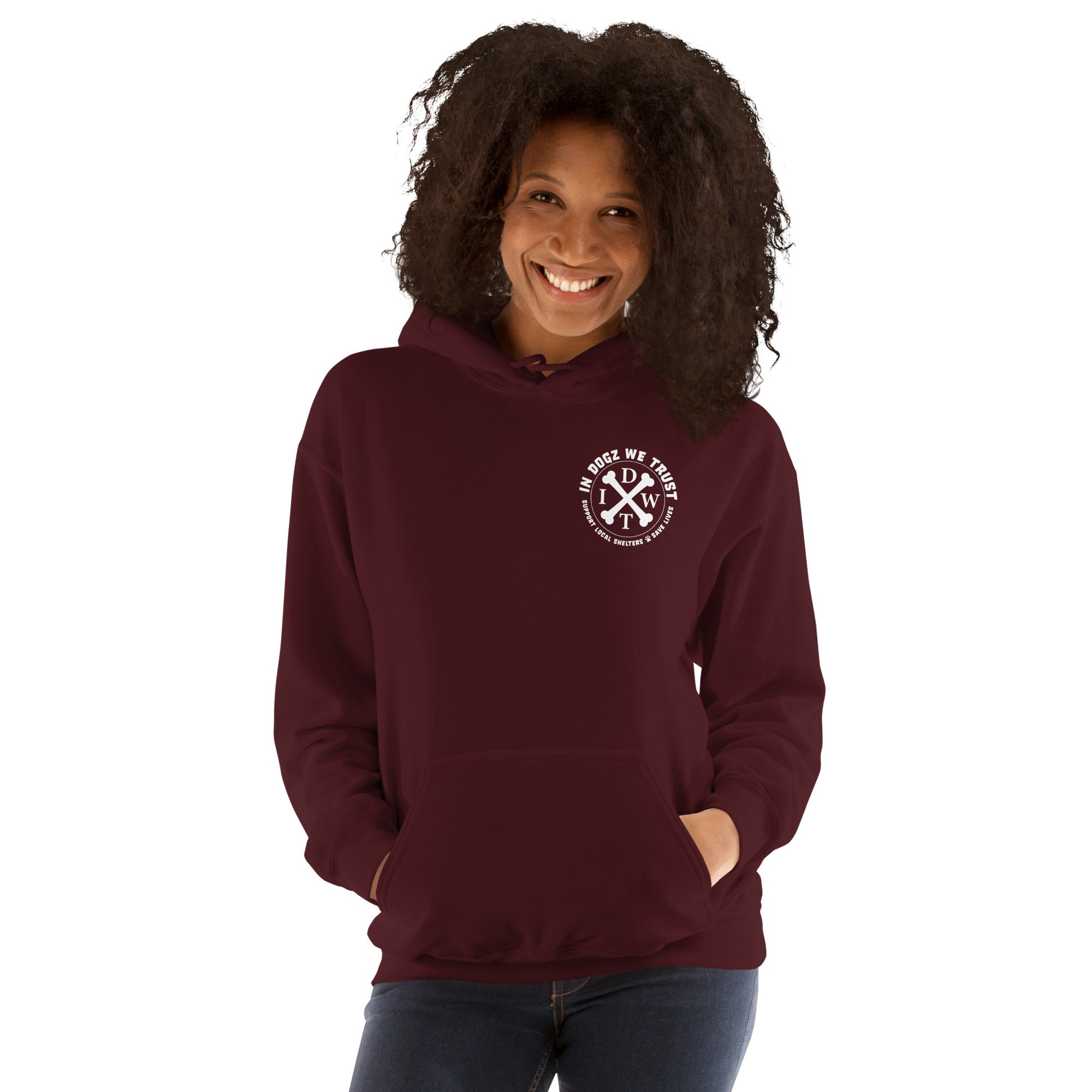 Paws & Stripes: Unisex Hoodie - Maroon - In Dogz We Trust - Female Model - Front View