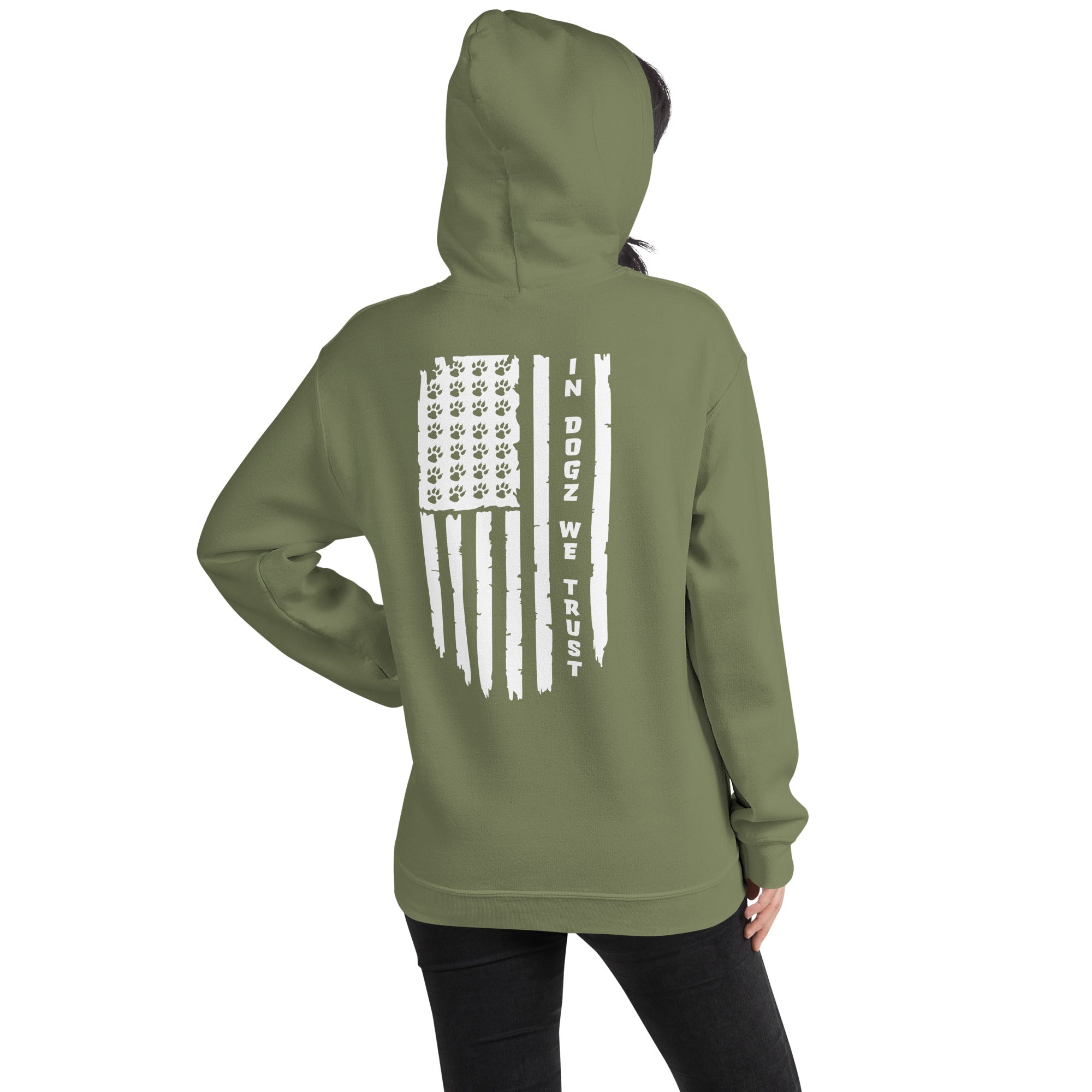 Paws & Stripes: Unisex Hoodie - Military Green - In Dogz We Trust - Female Model - Back View
