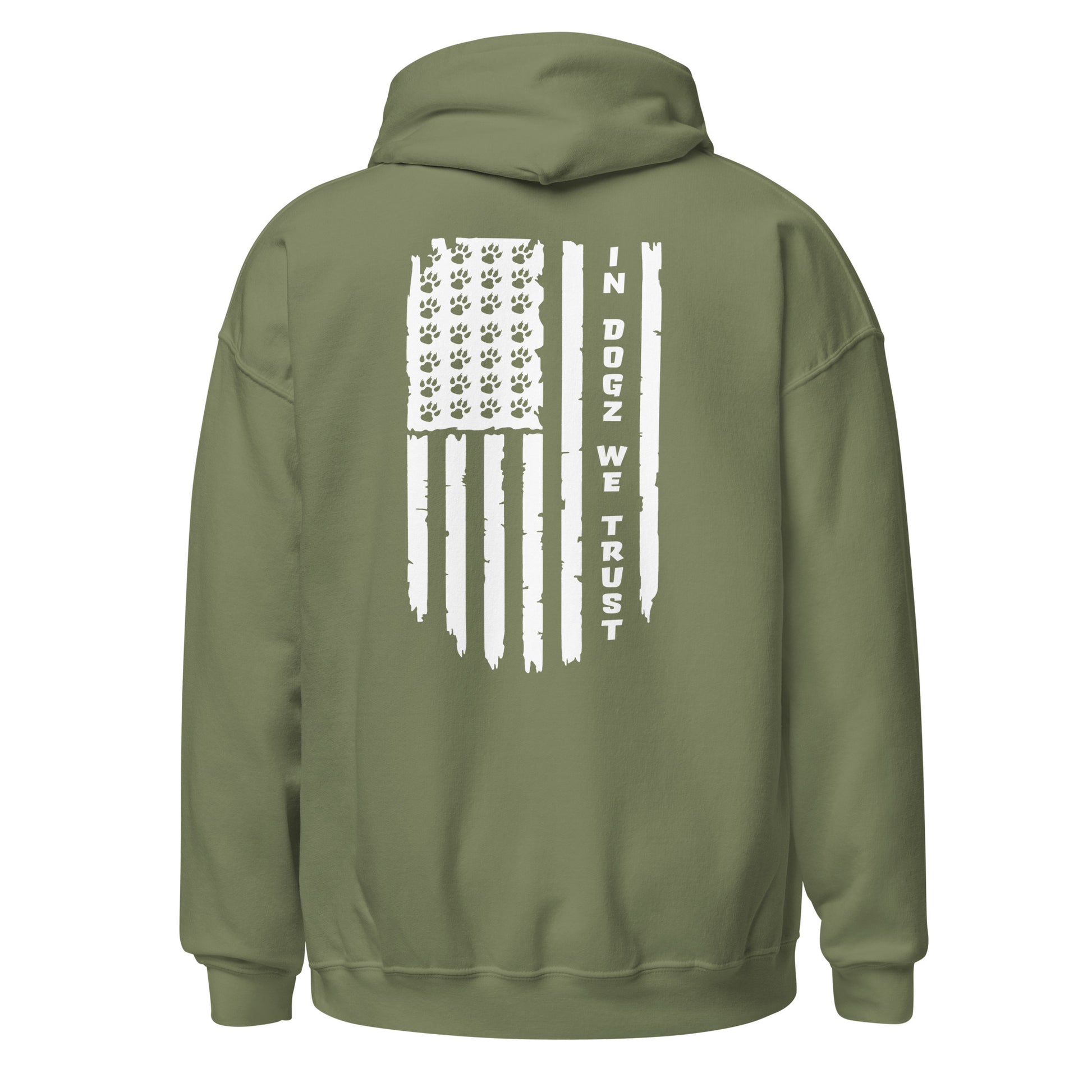 Paws & Stripes: Unisex Hoodie - Military Green - In Dogz We Trust - Back View