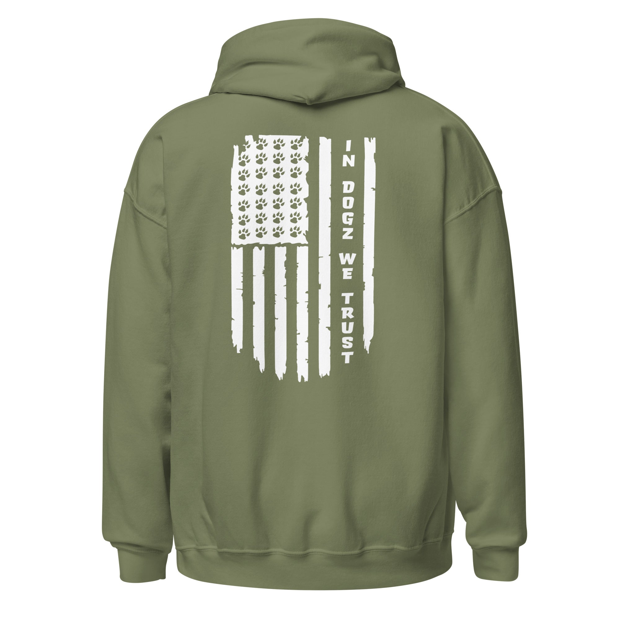 Paws & Stripes: Unisex Hoodie - Military Green - In Dogz We Trust - Back View