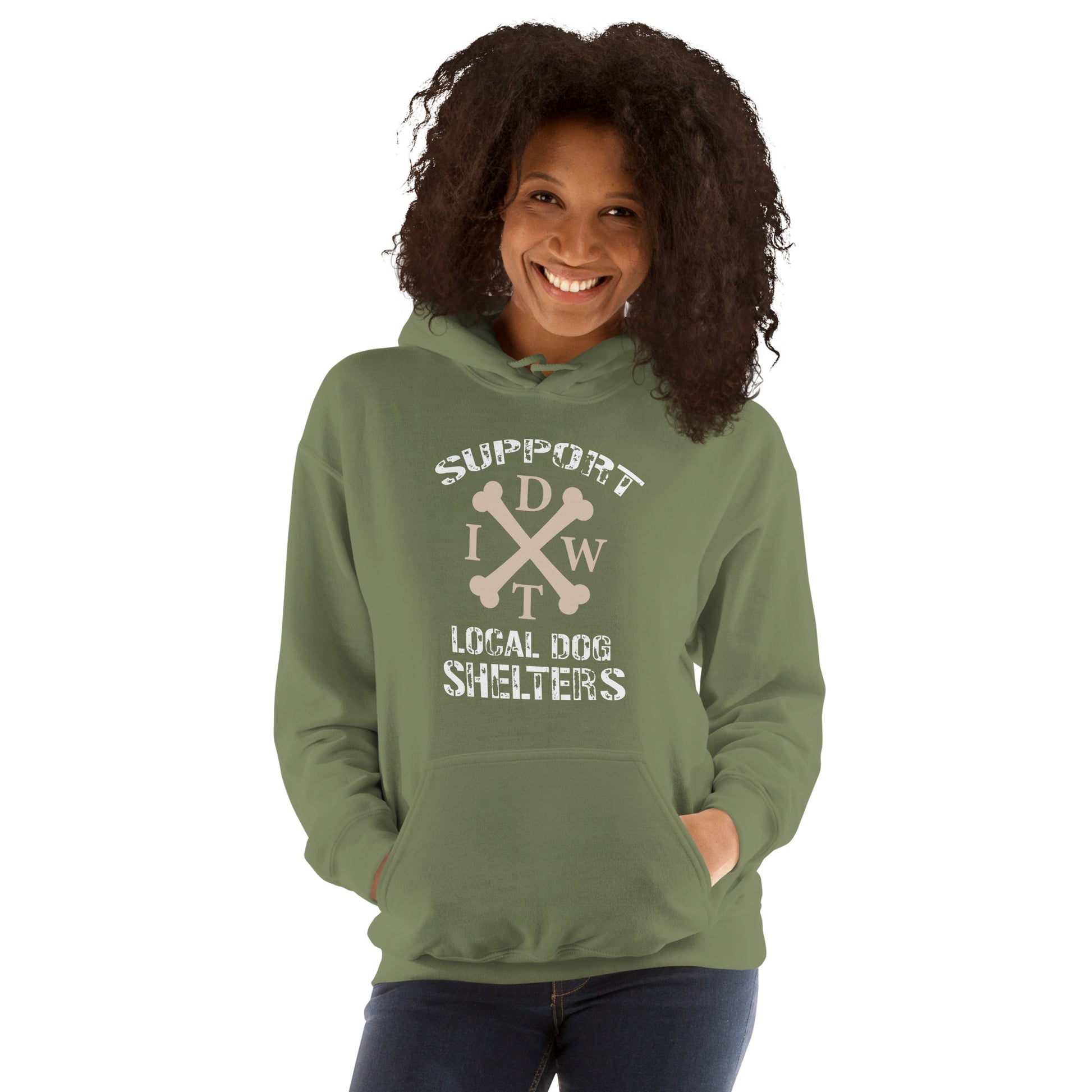 Life Is Better In A Pack - Military Green Unisex Hoodie - Support Local Dog Shelters - IDWT - Female Model - Front View