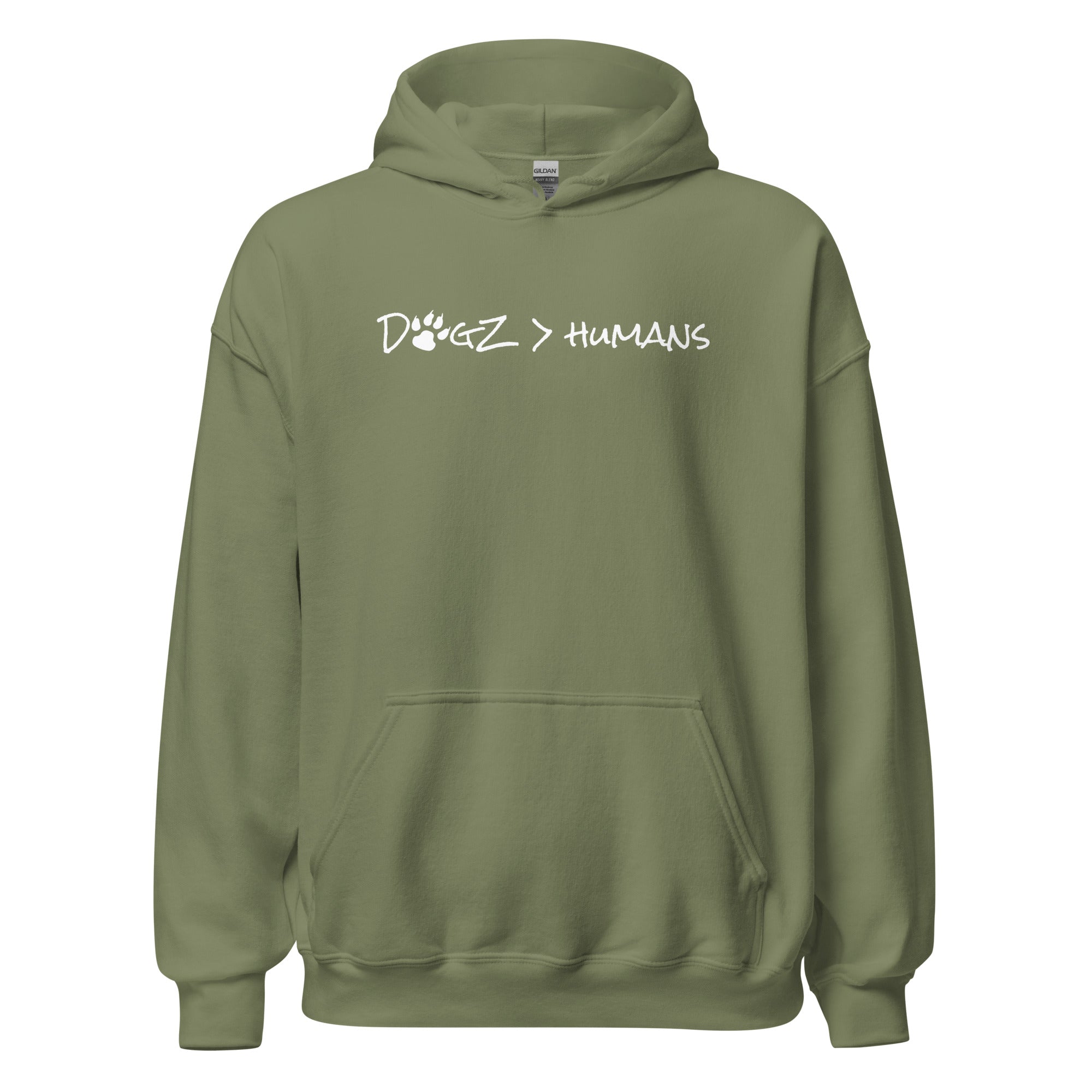 Dogz > Humans: Unisex Hoodie - Military Green - In Dogz We Trust - Front View
