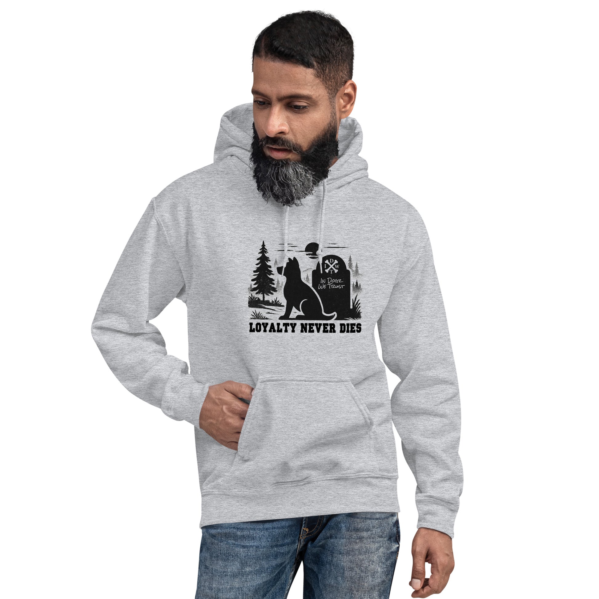Loyalty Never Dies Hoodie - Sport Grey - Dog Howling at the Moon Design - In Dogz We Trust - Male Model
